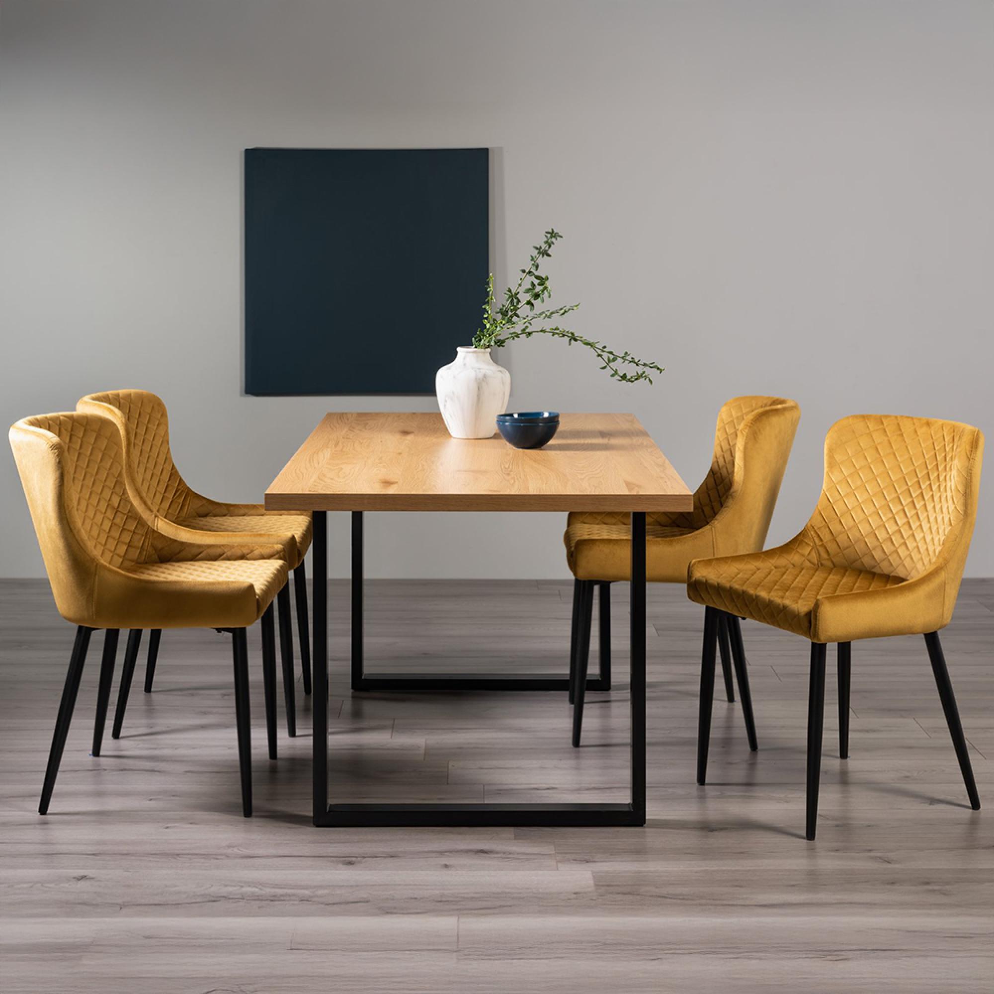 Ramsay Oak Dining Table Set - 6 Seater - 160cm - U Leg - 4 Cezanne Mustard Velvet Chairs - Black Legs