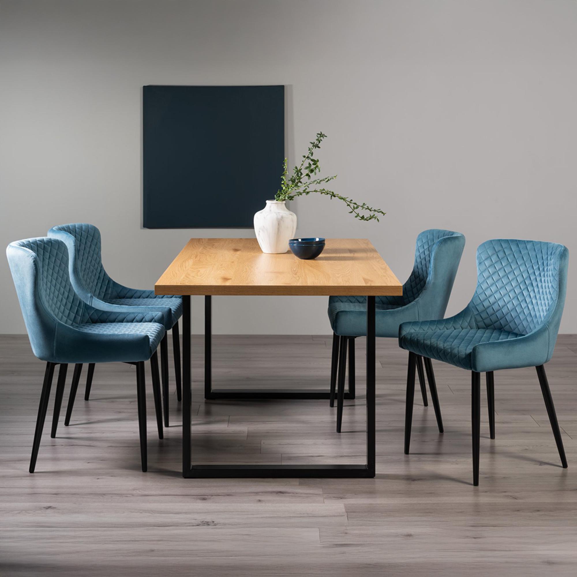 Ramsay Oak Dining Table Set - 6 Seater - 160cm - U Leg - 4 Cezanne Petrol Blue Velvet Chairs - Black Legs
