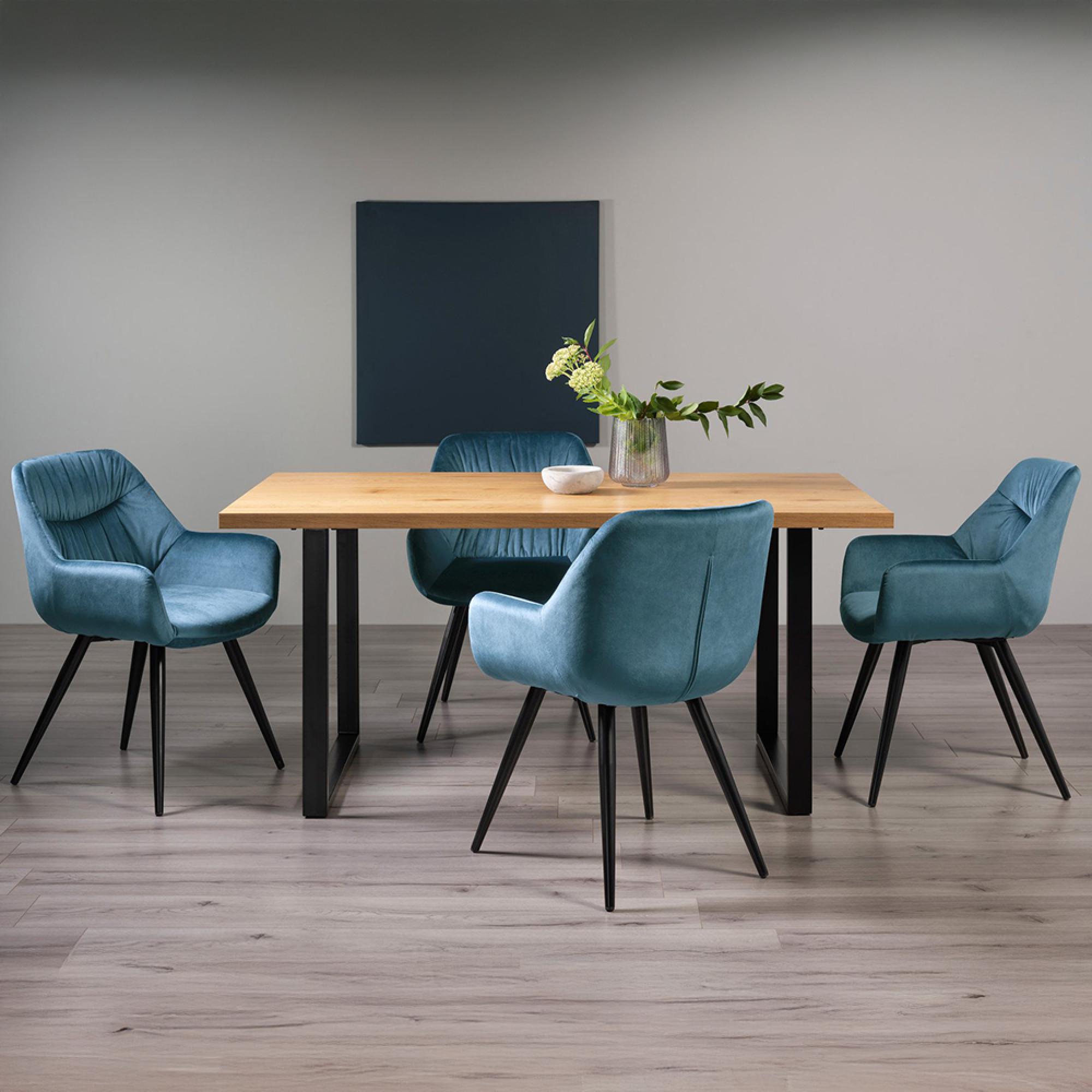 Ramsay Oak Dining Table Set - 6 Seater - 160cm - U Leg - 4 Dali Petrol Blue Velvet Chairs