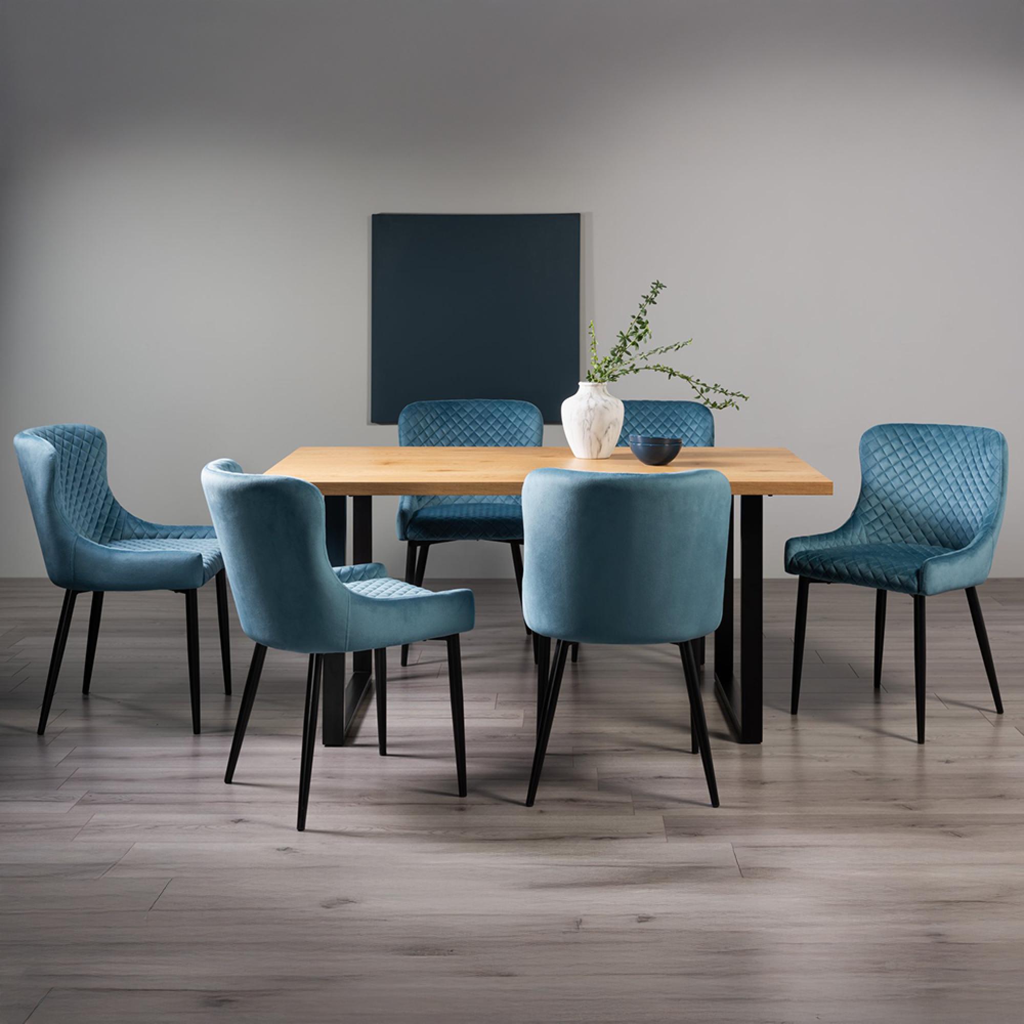 Ramsay Oak Dining Table Set - 6 Seater - 160cm - U Leg - 6 Cezanne Petrol Blue Velvet Chairs - Black Legs