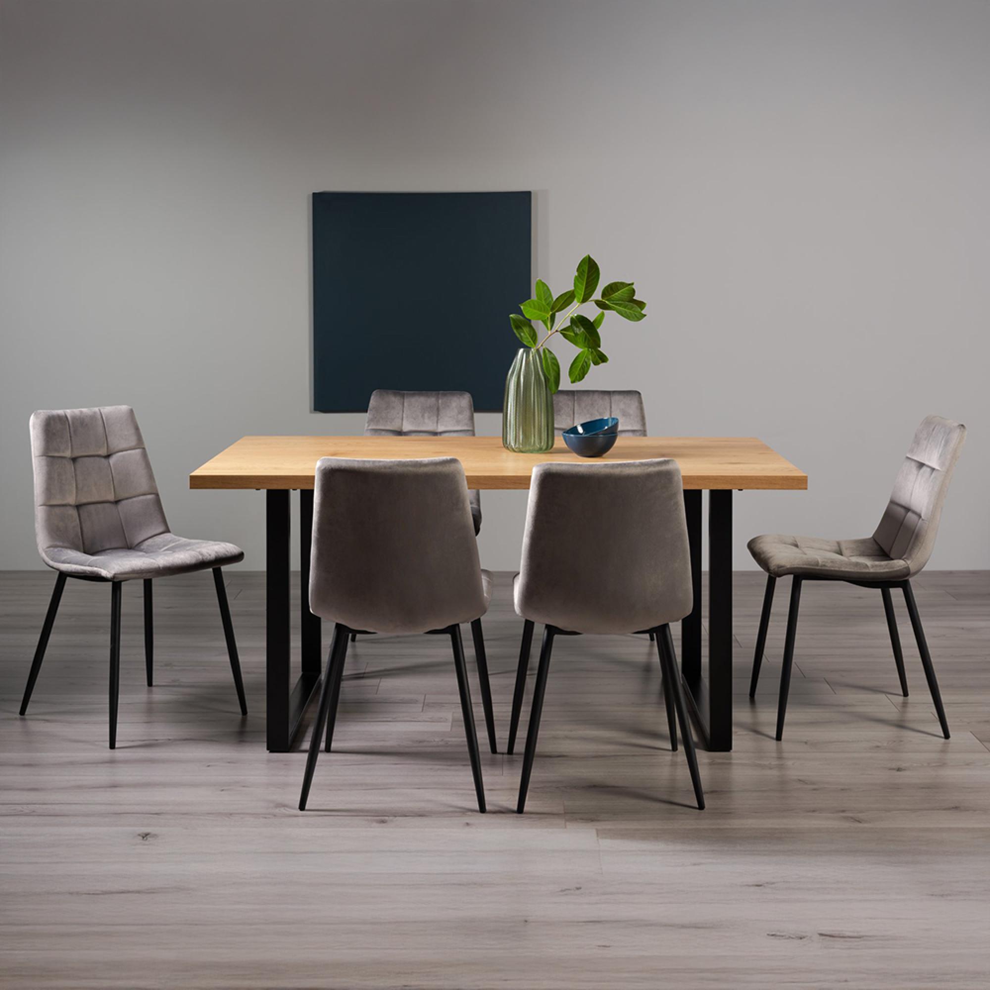 Ramsay Oak Dining Table Set - 6 Seater - 160cm - U Leg - 6 Mondrian Grey Velvet Chairs