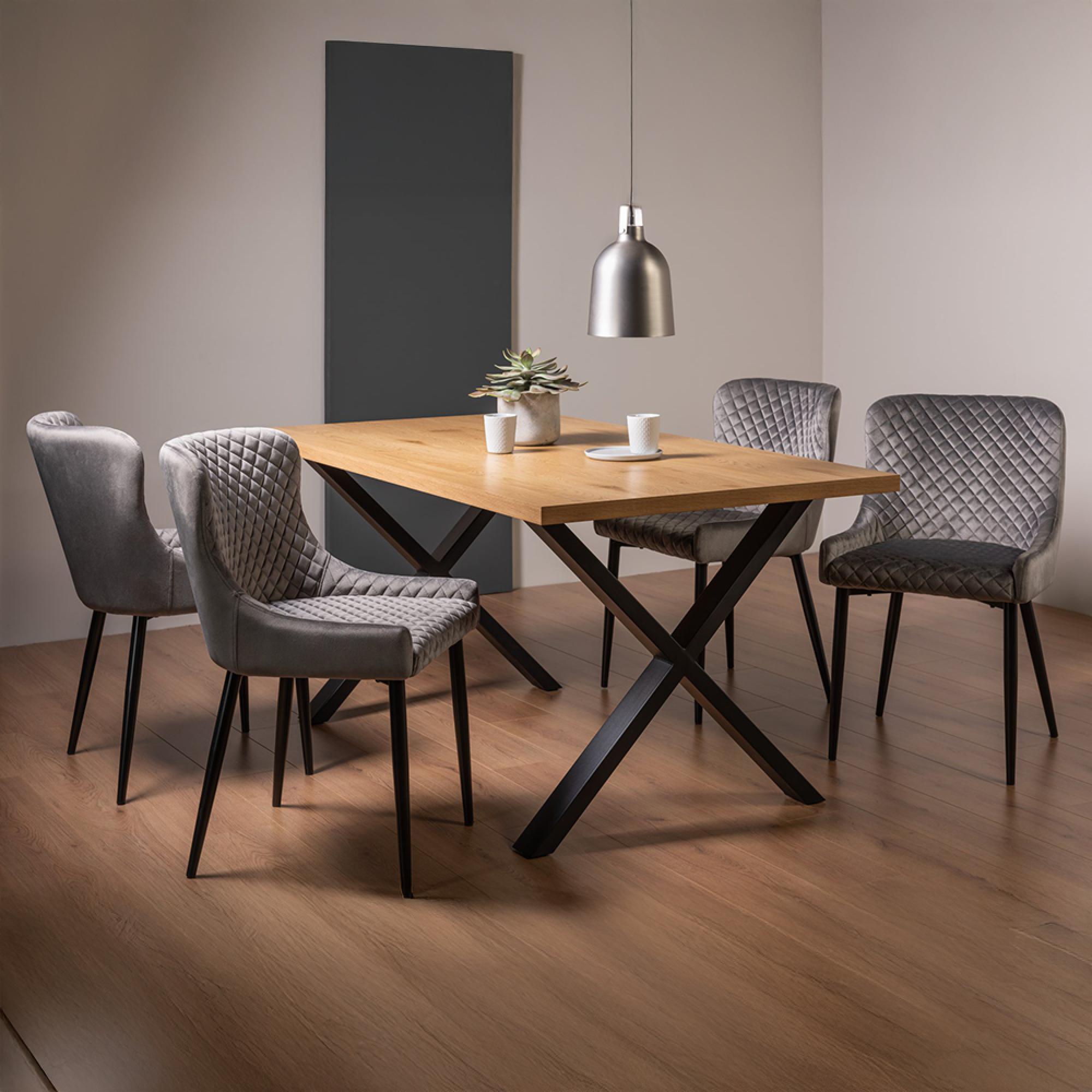 Ramsay Oak Dining Table Set - 6 Seater - 160cm - X Leg - 4 Cezanne Grey Velvet Chairs - Black Legs