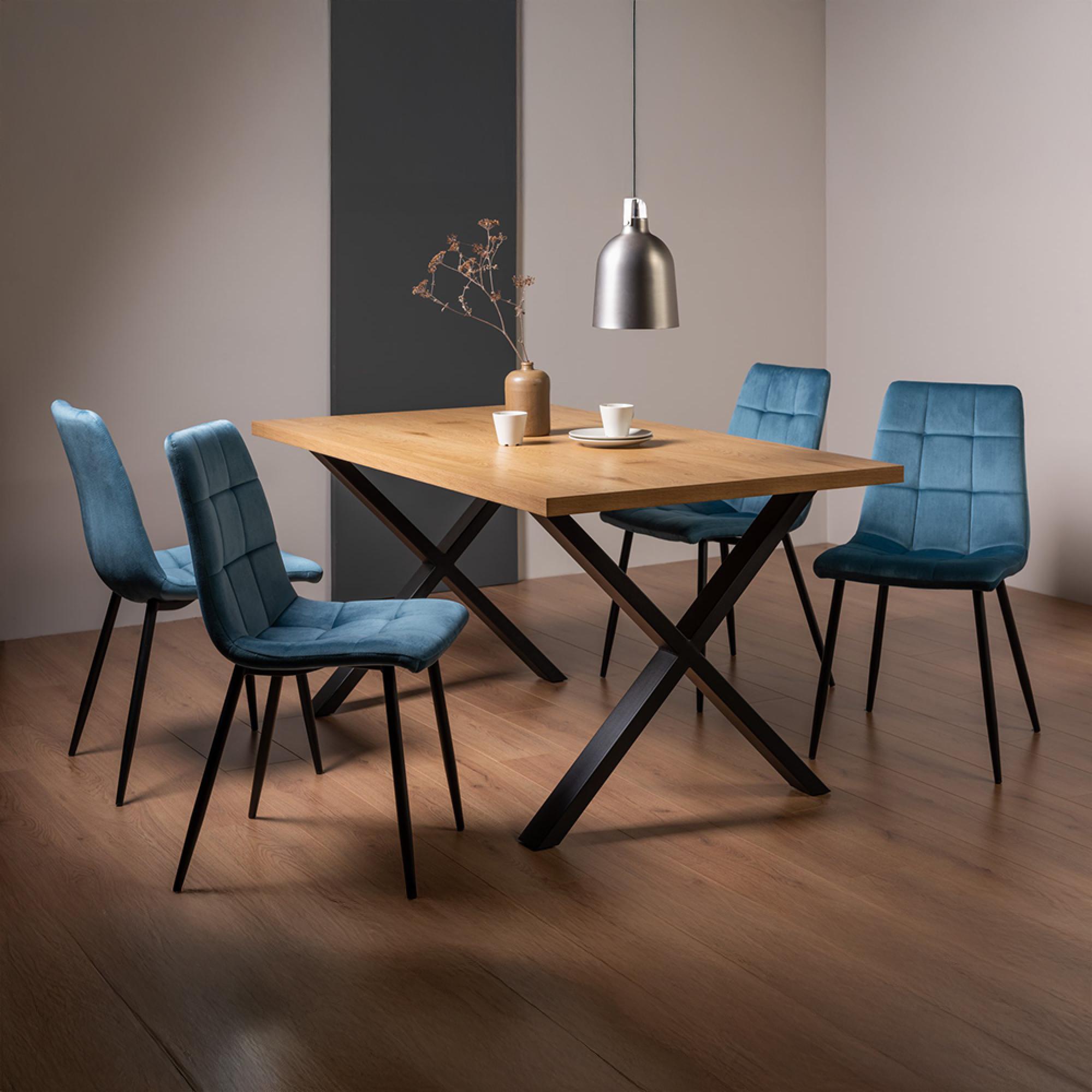 Ramsay Oak Dining Table Set - 6 Seater - 160cm - X Leg - 4 Mondrian Petrol Blue Velvet Chairs