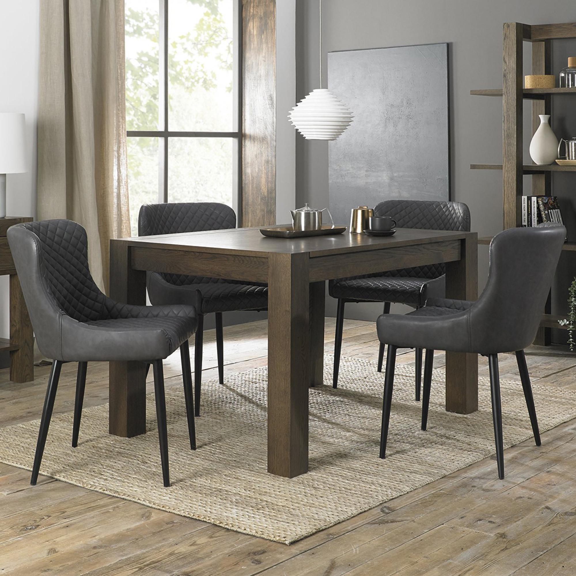Turin Dark Oak Extending Dining Table Set - 4-6 Seater - 4 Cezanne Dark Grey Faux Leather Chairs - Sand Black Legs