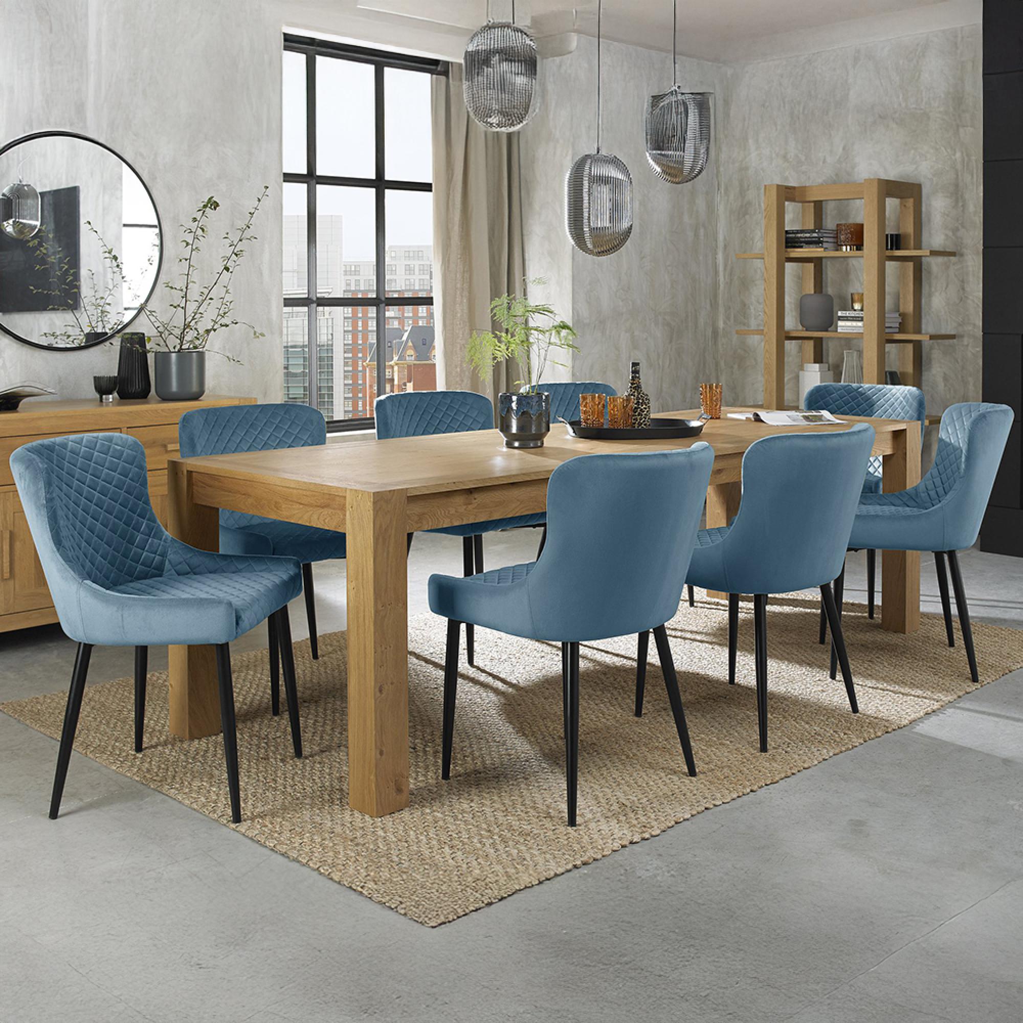 Turin Light Oak Extending Dining Table Set - 6-10 Seater - 165cm-225cm - 8 Cezanne Petrol Blue Velvet Chairs - Black Legs