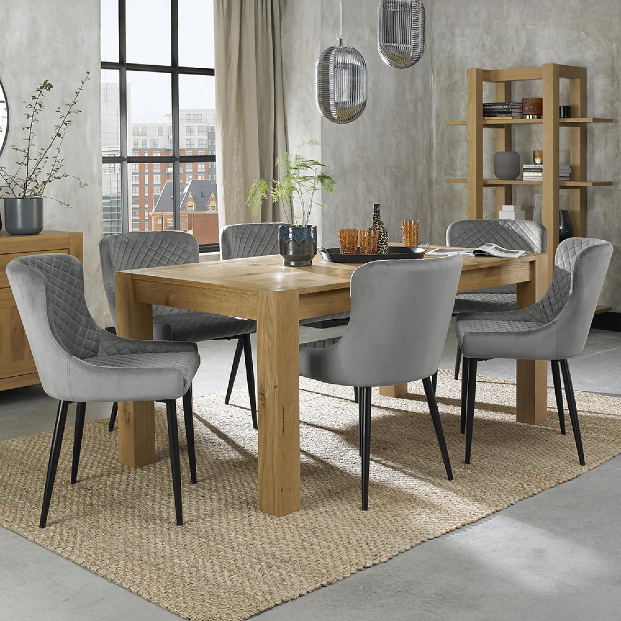 Turin Light Oak Extending Dining Table Set - 6-8 Seater - 165cm-225cm - 6 Cezanne Grey Velvet Chairs - Black Legs