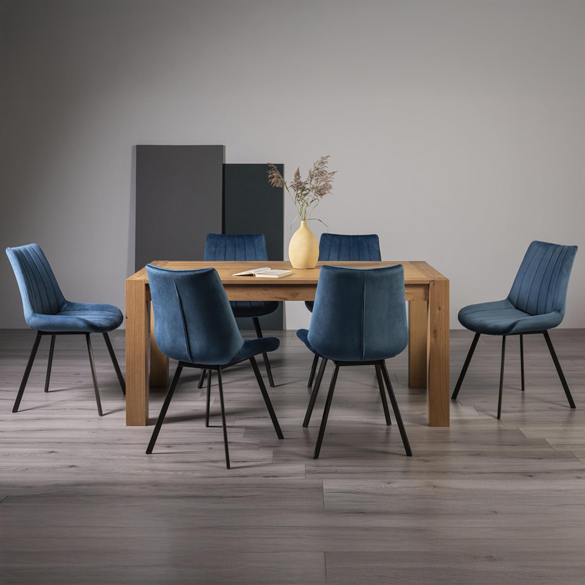Turin Light Oak Extending Dining Table Set - 6-8 Seater - 165cm-225cm - 6 Fontana Blue Velvet Chairs