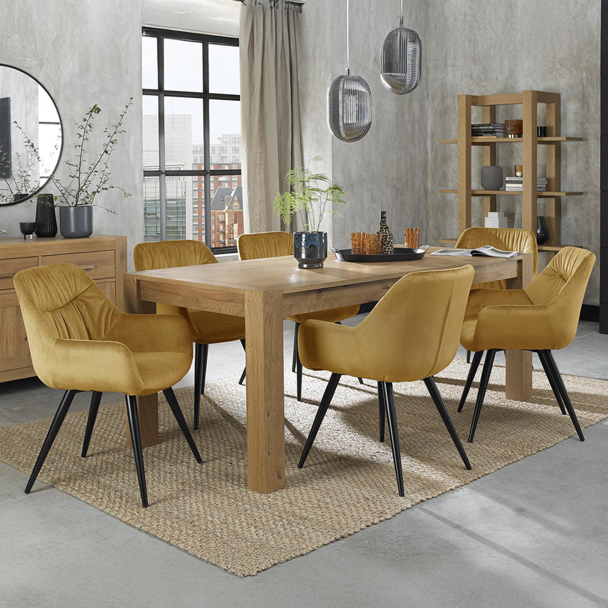 Turin Light Oak Large Extending Dining Table Set - 6-8 Seater - 165cm-225cm - 6 Dali Mustard Velvet Chairs