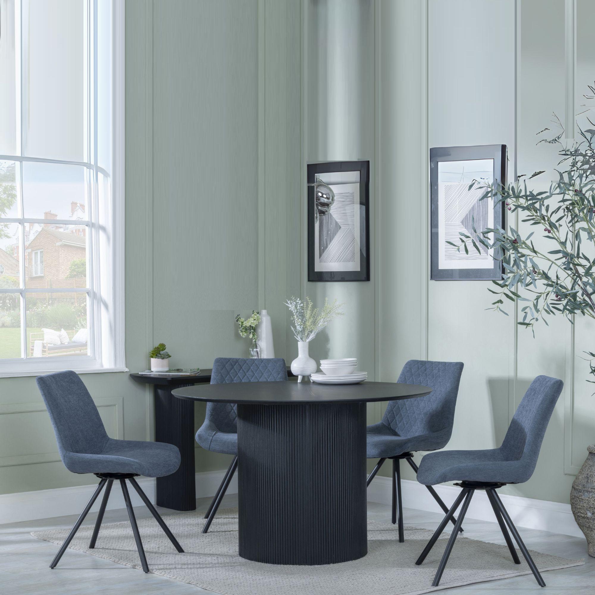 Bern Fluted Black 4 Seater Round Dining Set - 4 Boden Dark Grey Fabric Swivel Dining Chair