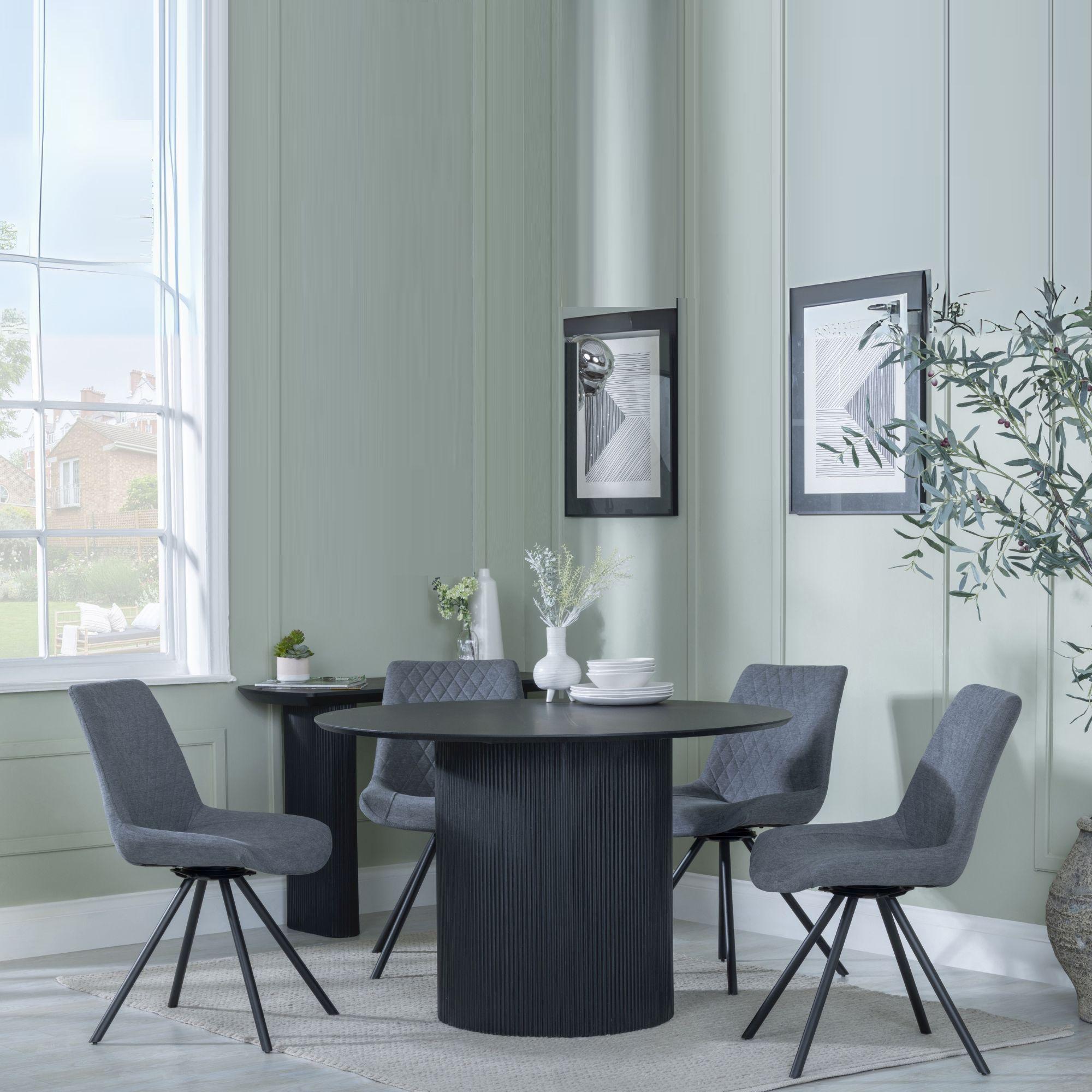 Bern Fluted Black 4 Seater Round Dining Set - 4 Boden Grey Fabric Swivel Dining Chair