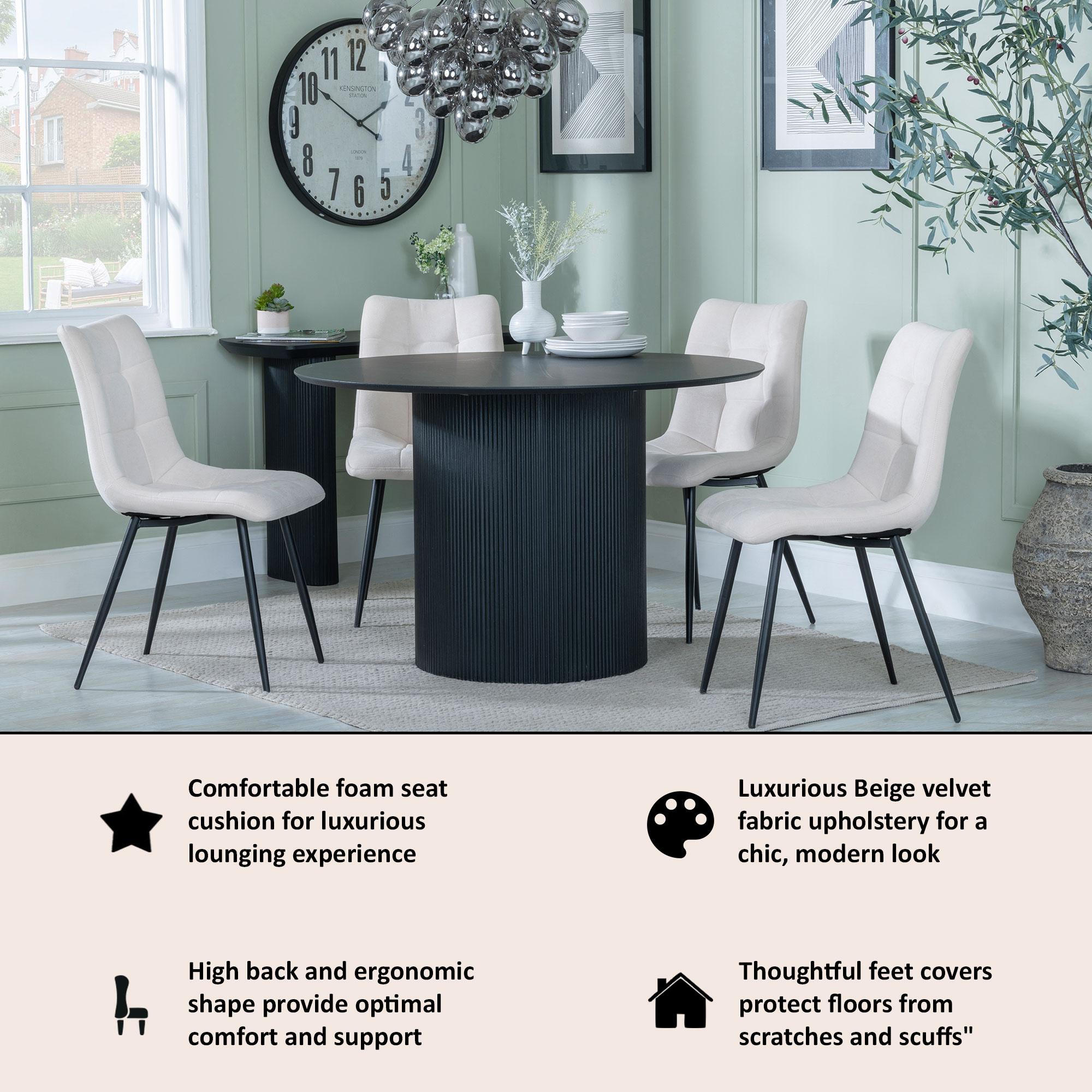 Bern Fluted Dining Set - 4 Seater - 120cm - Round - Black - 4x Corona Dining Chairs - Beige Fabric