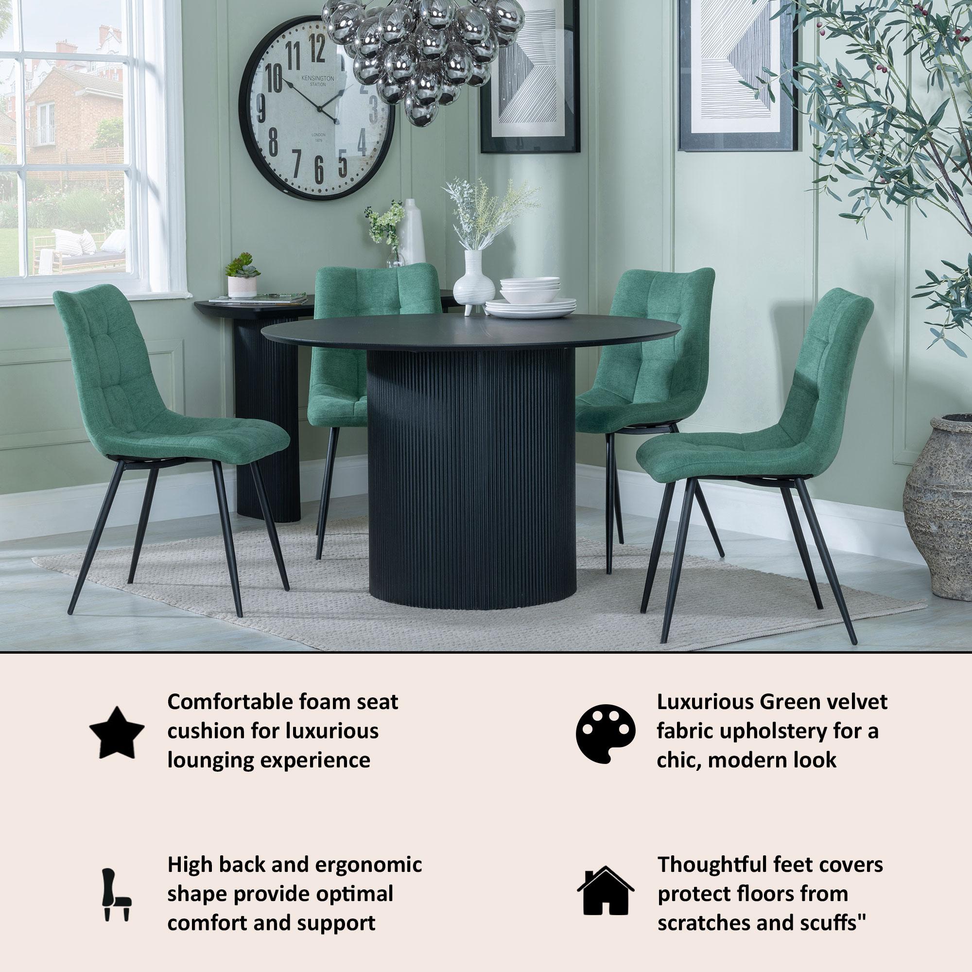 Bern Fluted Dining Set - 4 Seater - 120cm - Round - Black - 4x Corona Dining Chairs - Green Fabric