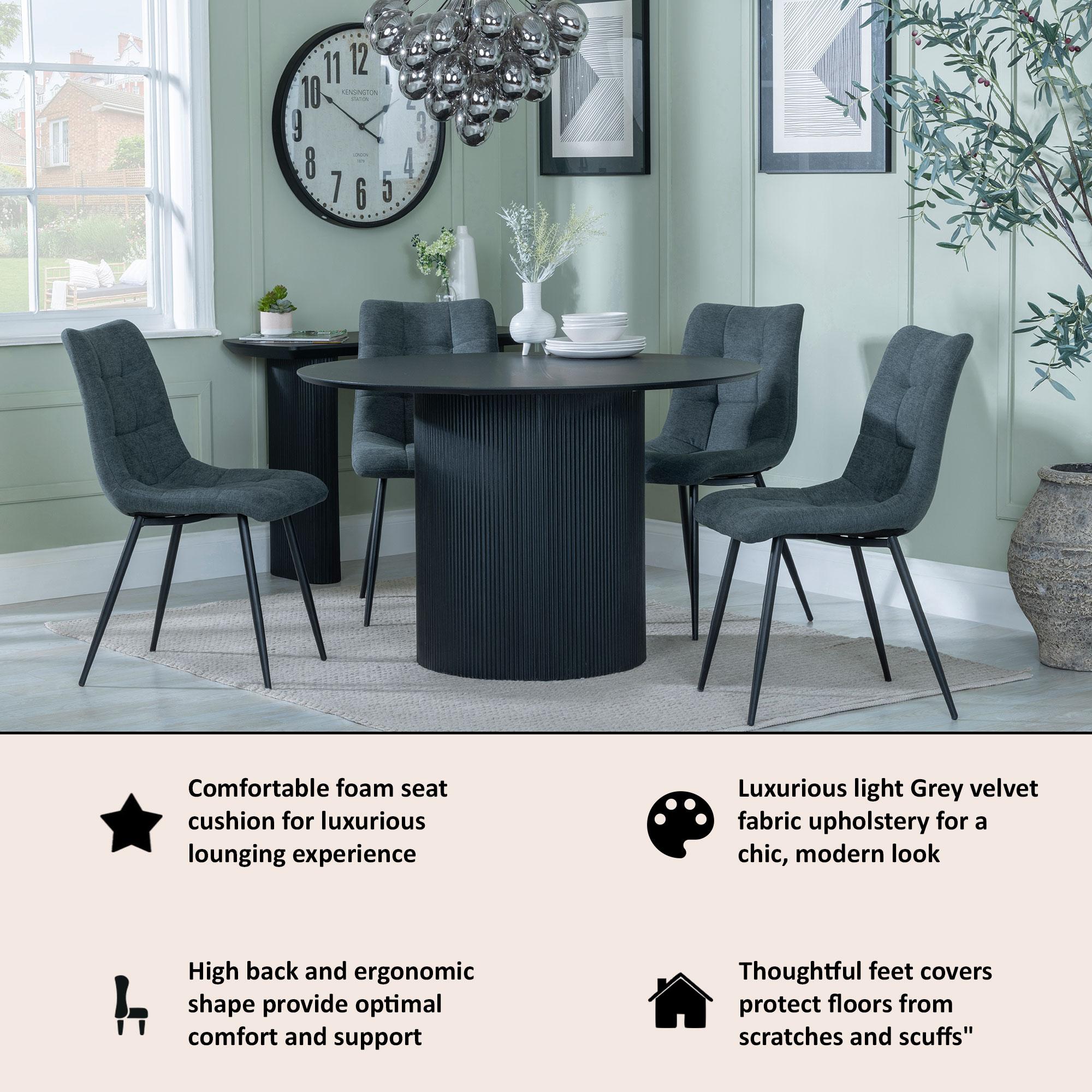 Bern Fluted Dining Set - 4 Seater - 120cm - Round - Black - 4x Corona Dining Chairs - Light Grey Fabric