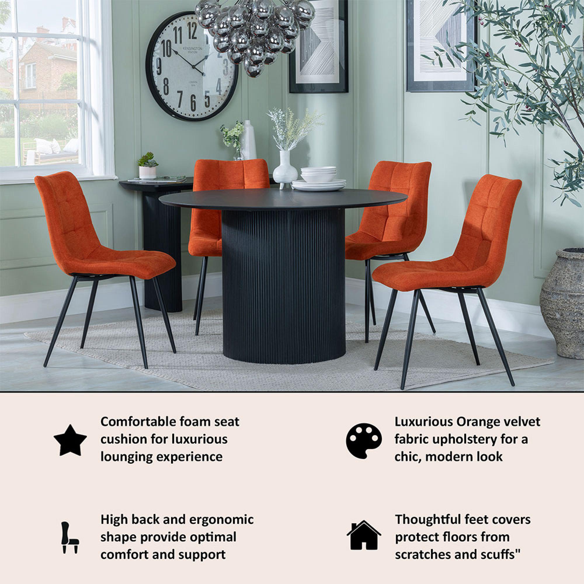Bern Fluted Dining Set - 4 Seater - 120cm - Round - Black - 4x Corona Dining Chairs - Orange Fabric