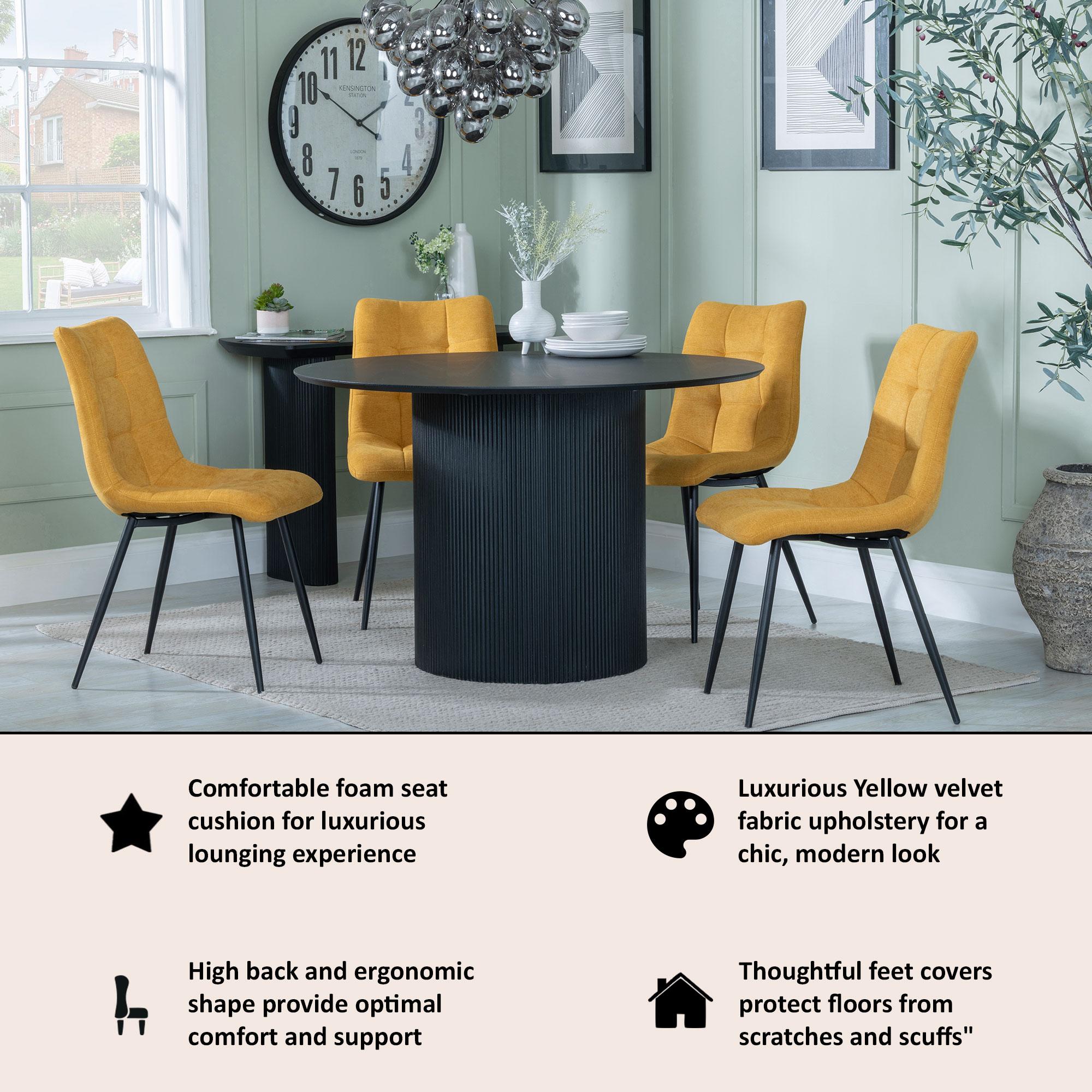 Bern Fluted Dining Set - 4 Seater - 120cm - Round - Black - 4x Corona Dining Chairs - Yellow Fabric