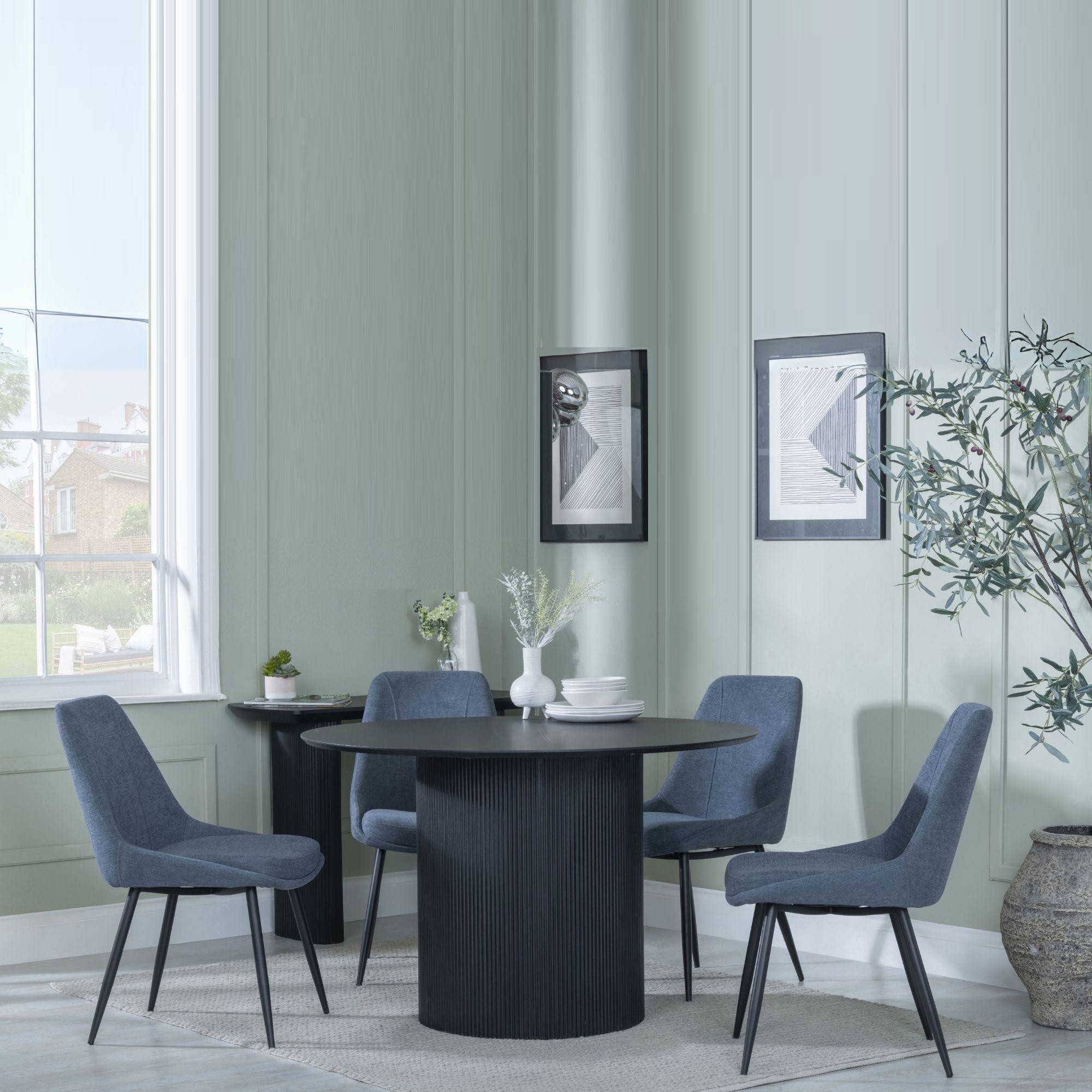 Bern Fluted Black 4 Seater Round Dining Set - 4 Darwin Dark Grey Fabric Dining Chair