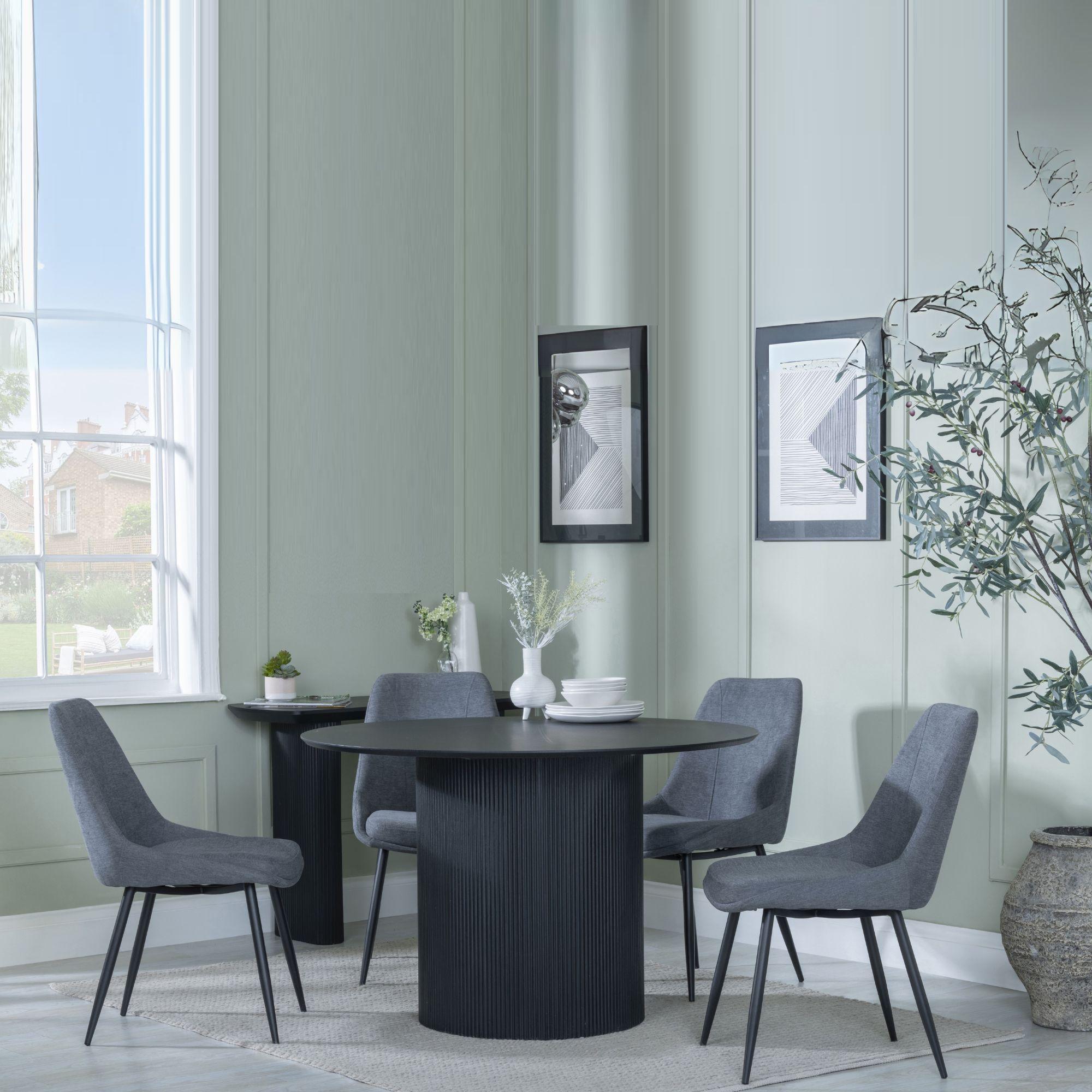 Bern Fluted Black 4 Seater Round Dining Set - 4 Darwin Grey Fabric Dining Chair
