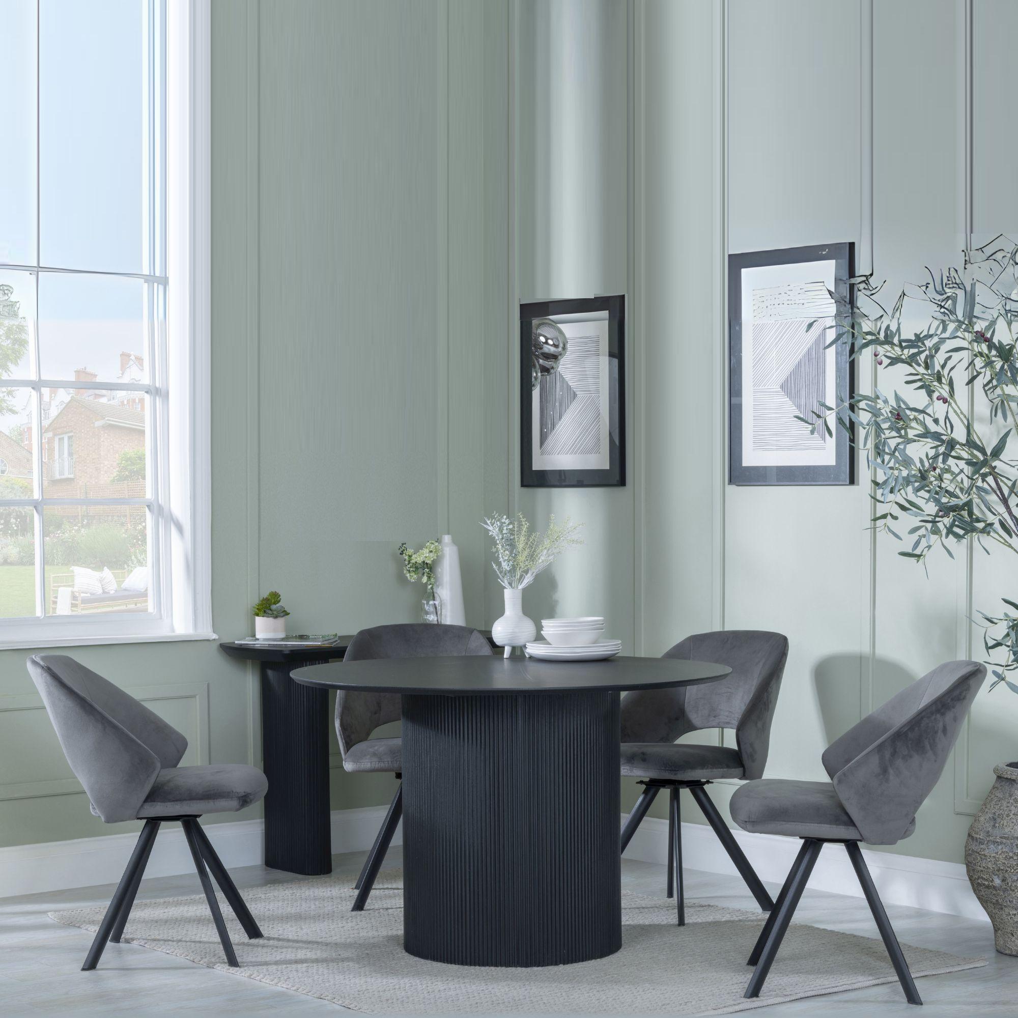 Bern Fluted Black 4 Seater Round Dining Set - 4 Ion Dark Grey Velvet Fabric Swivel Dining Chair