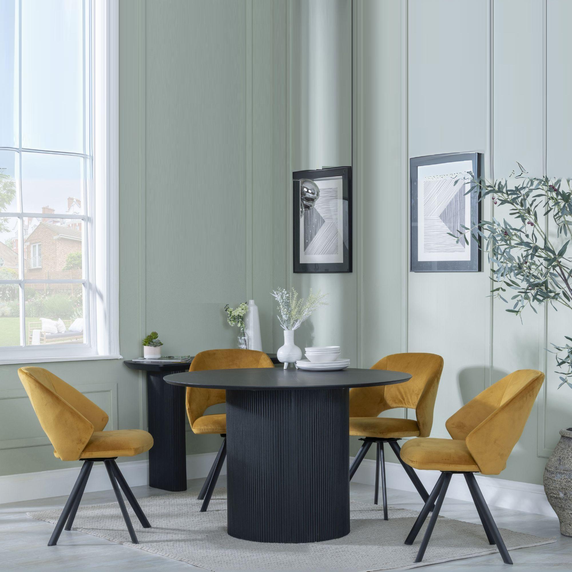 Bern Fluted Black 4 Seater Round Dining Set - 4 Ion Mustard Velvet Fabric Swivel Dining Chair
