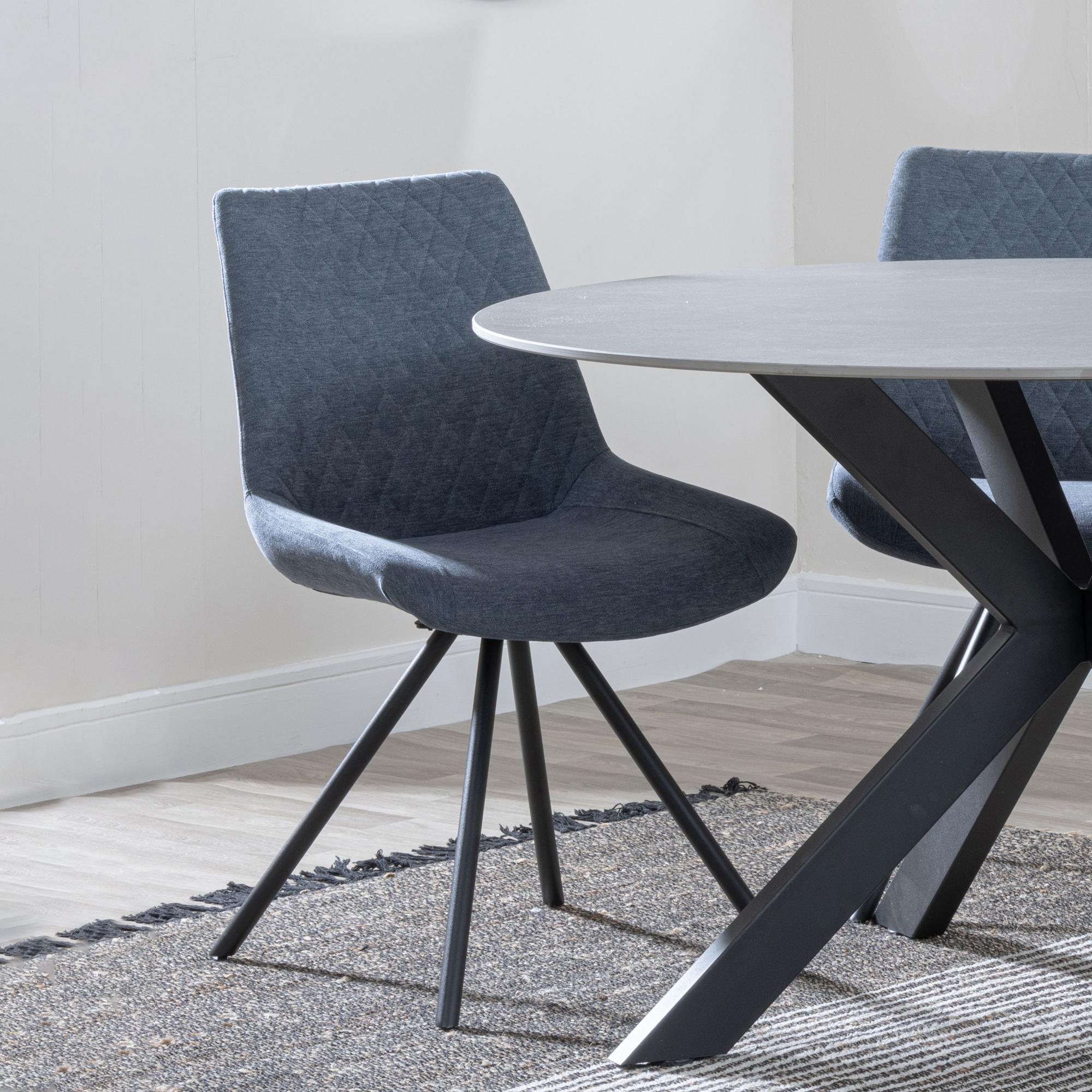 Bern Fluted Dining Set - 6 Seater - 160cm - Black - Boden Swivel Dining Chairs - Dark Grey Fabric
