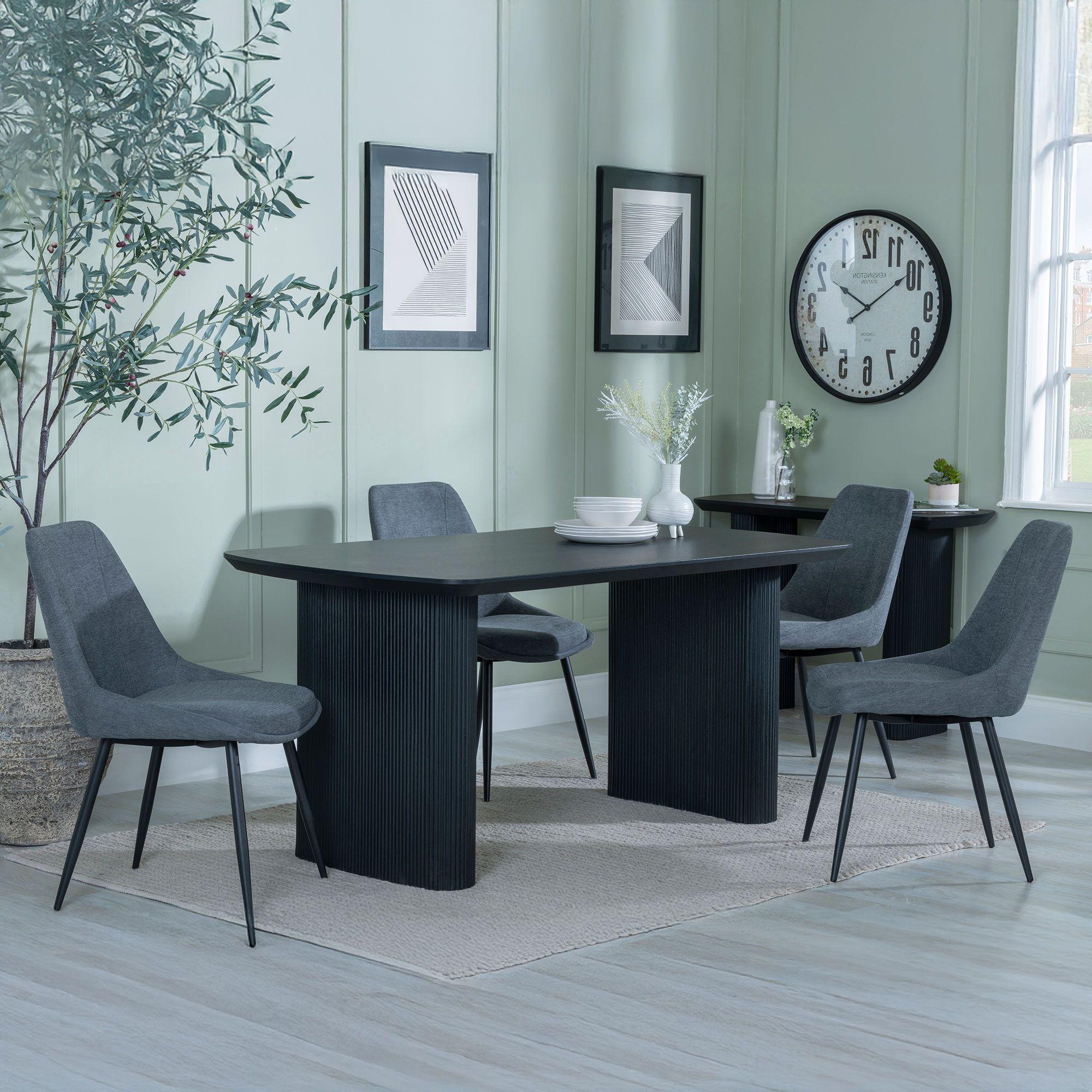 Bern Fluted Dining Set - 6 Seater - 160cm - Black - Darwin Dining Chairs - Dark Grey Fabric