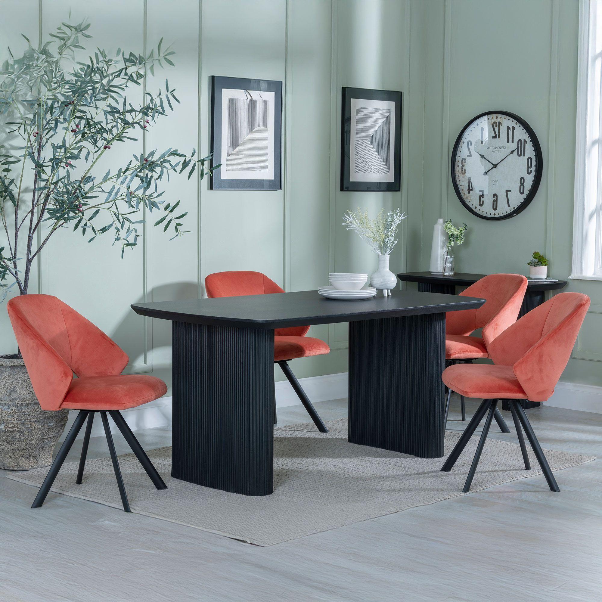 Bern Fluted Dining Set - 6 Seater - 160cm - Black - Ion Swivel Dining Chairs - Orange Velvet Fabric