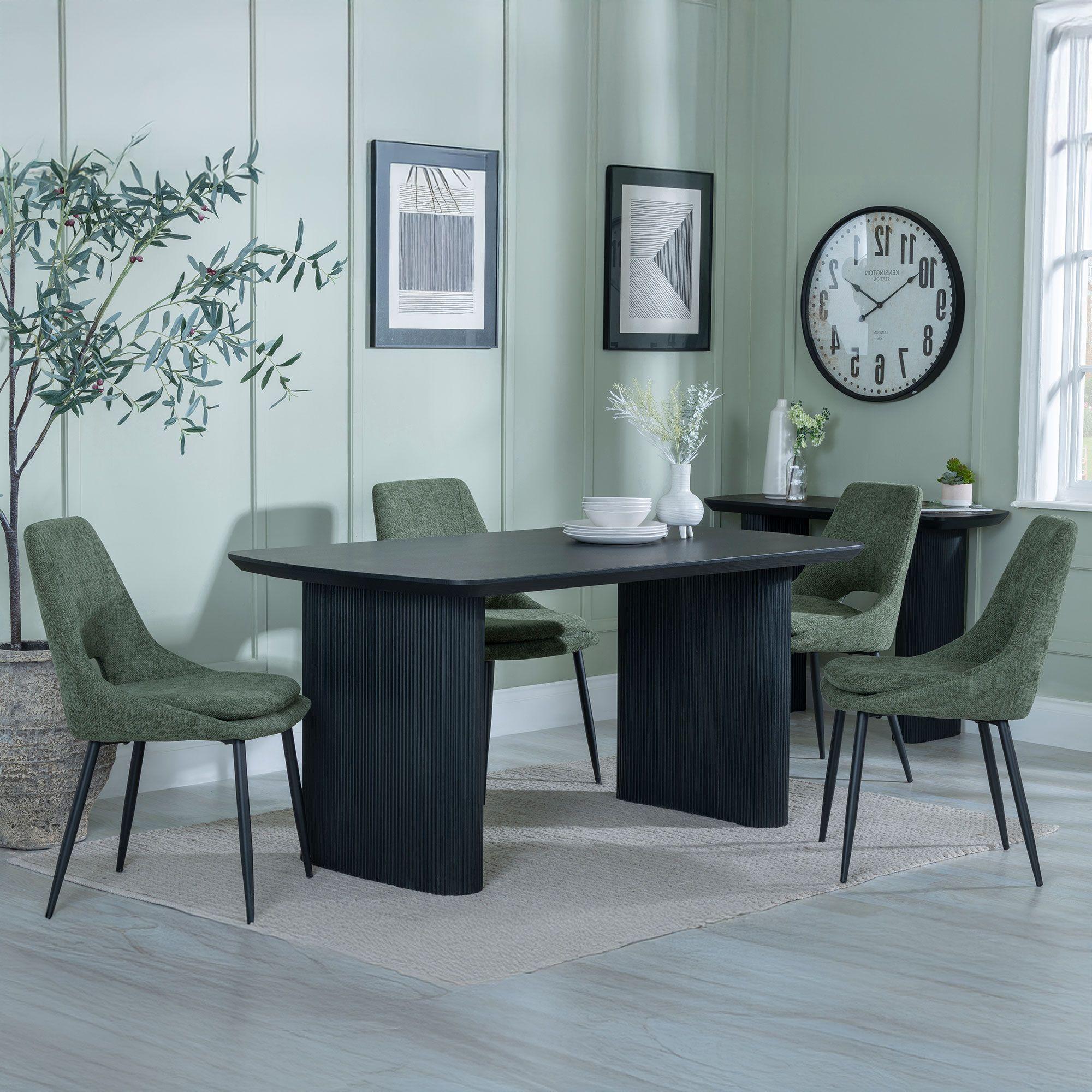 Bern Fluted Dining Set - 6 Seater - 160cm - Black - Peyton Dining Chairs - Green Fabric