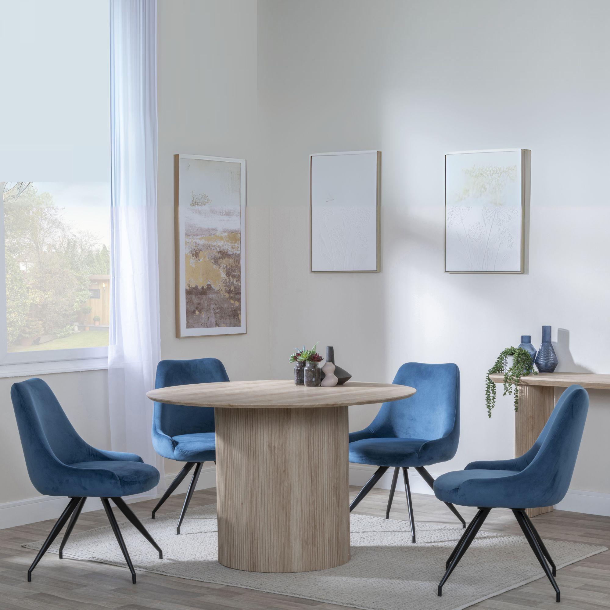 Bern Fluted Oak Effect 4 Seater Round Dining Set - 4 Arctic Blue Velvet Fabric Swivel Dining Chair