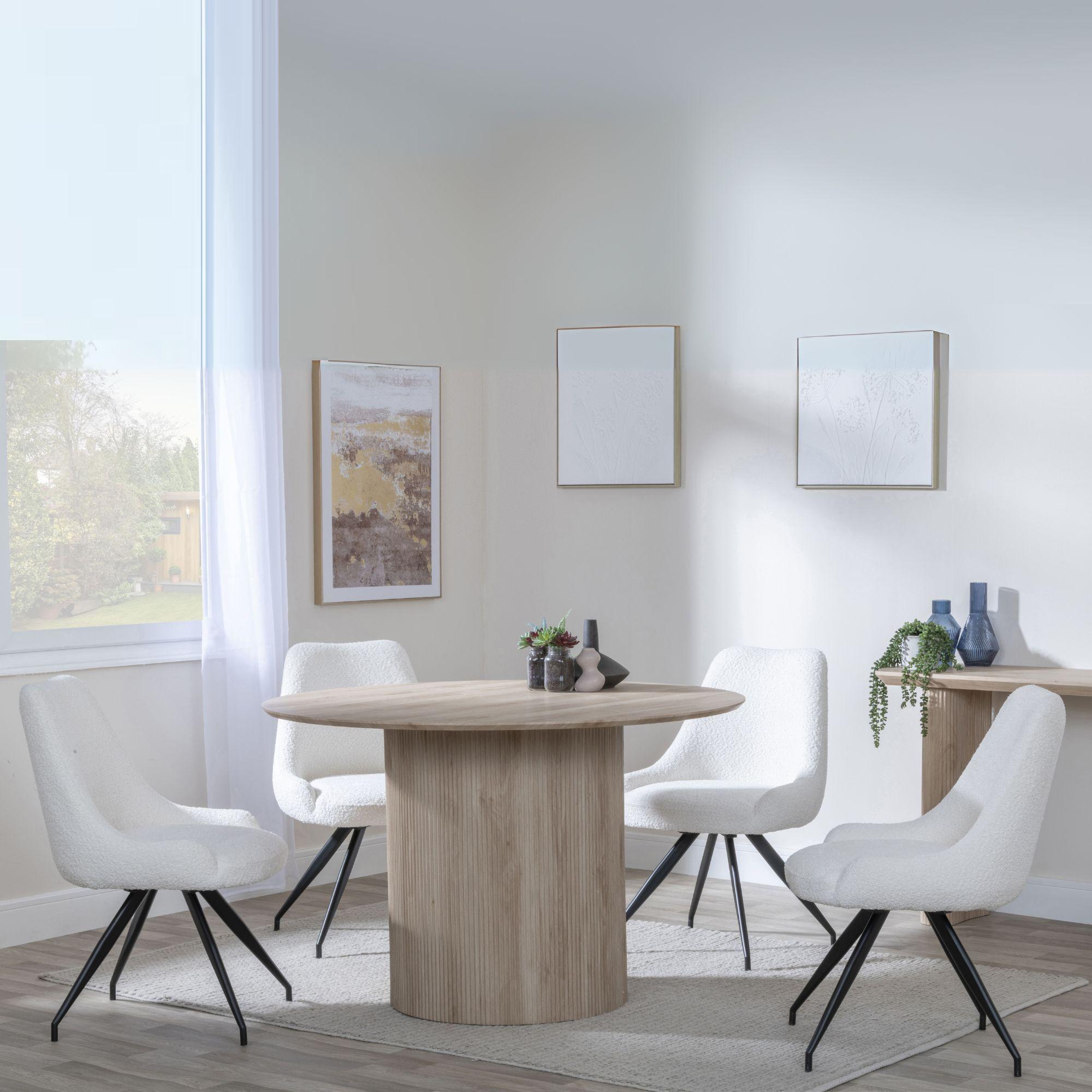 Bern Fluted Oak Effect 4 Seater Round Dining Set - 4 Arctic Cream Velvet Fabric Swivel Dining Chair