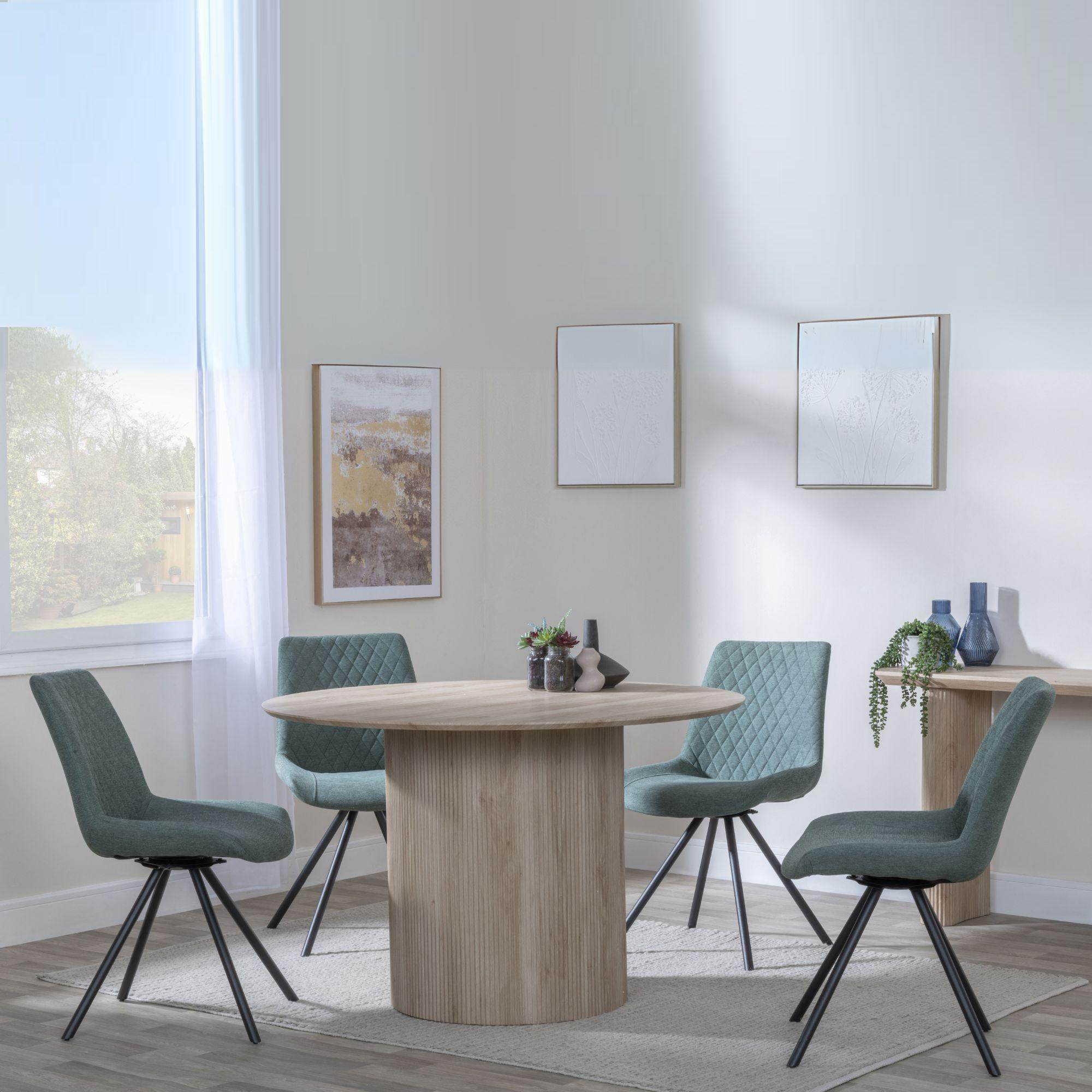 Bern Fluted Oak Effect 4 Seater Round Dining Set - 4 Boden Green Fabric Swivel Dining Chair
