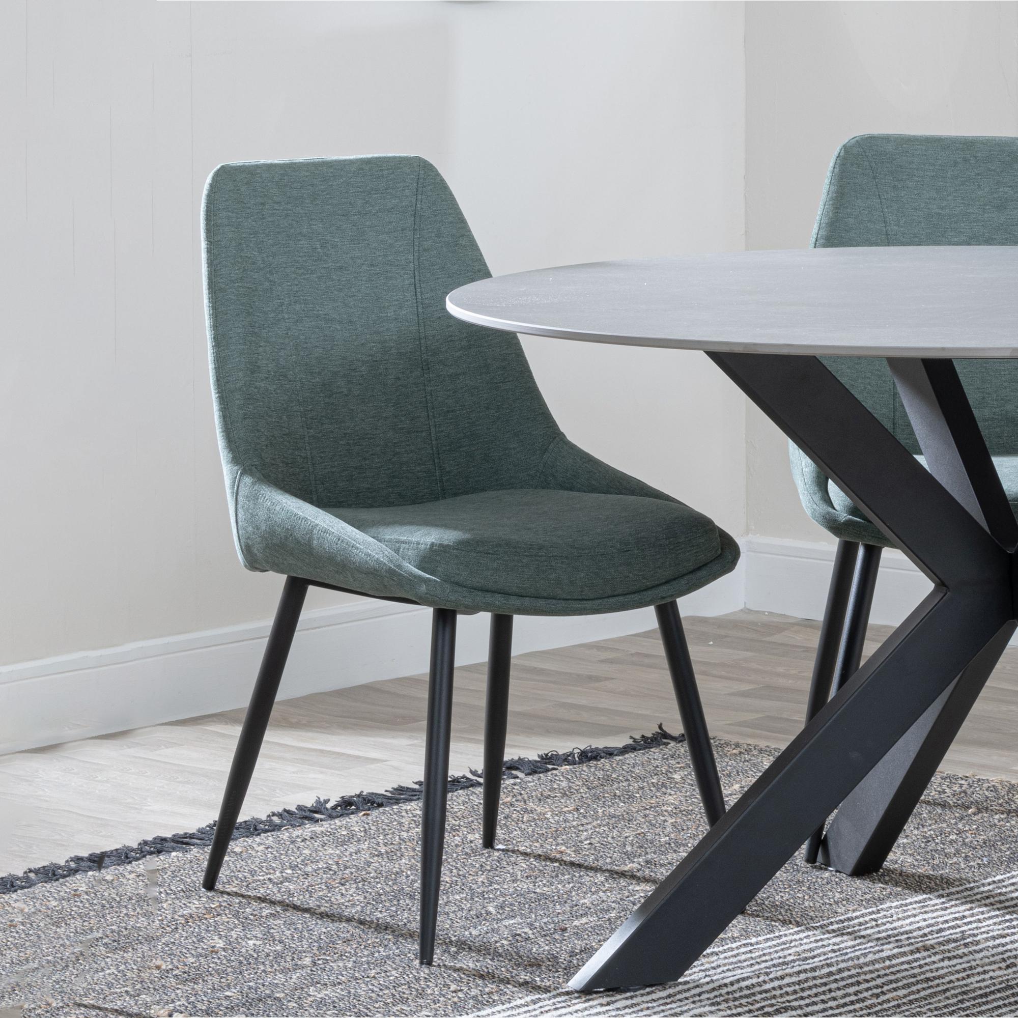 Bern Fluted Dining Set - 4 Seater - 120cm - Round - Oak - 4x Darwin Dining Chairs - Green Fabric