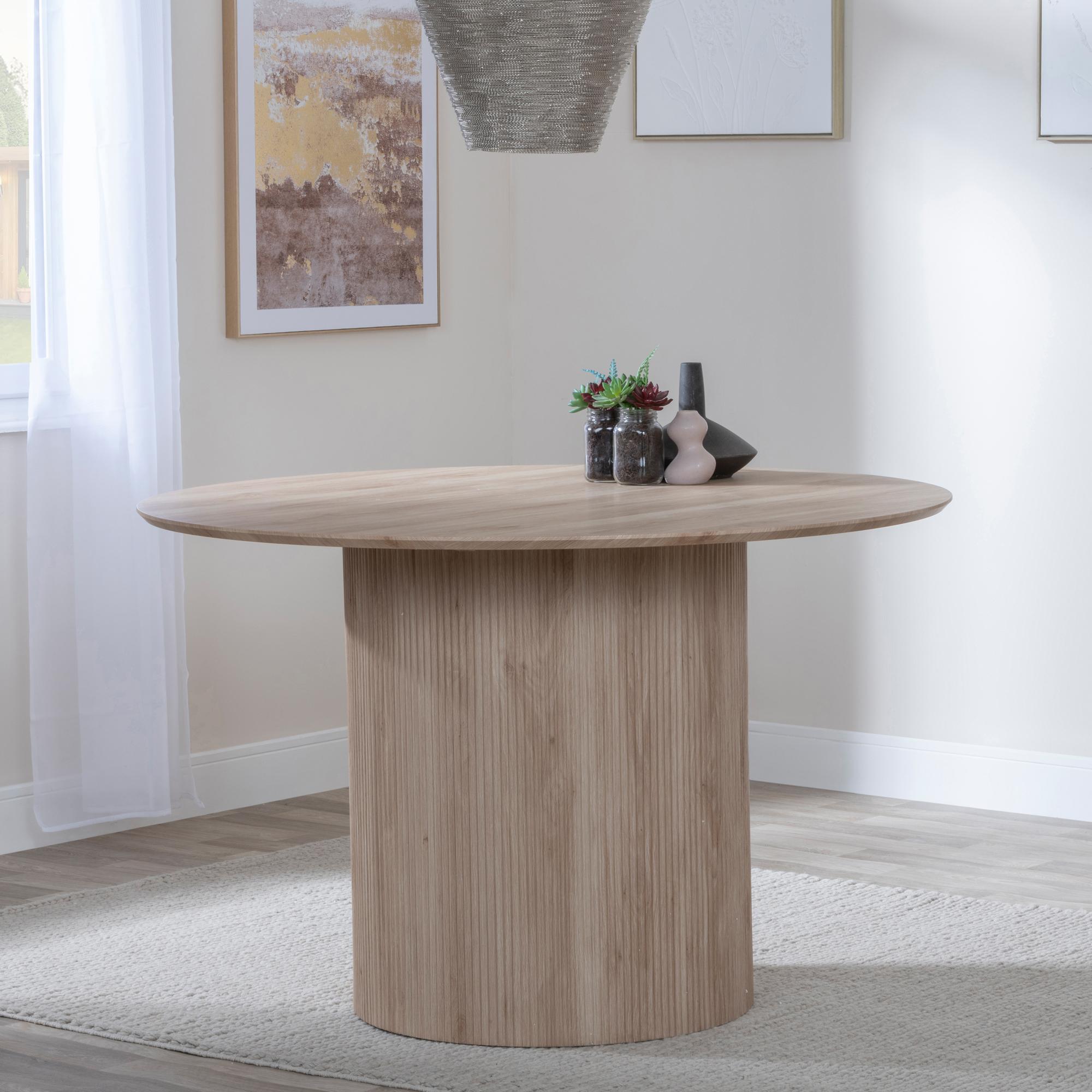 Bern Fluted Dining Set - 4 Seater - 120cm - Round - Oak - 4x Darwin Dining Chairs - Grey Fabric