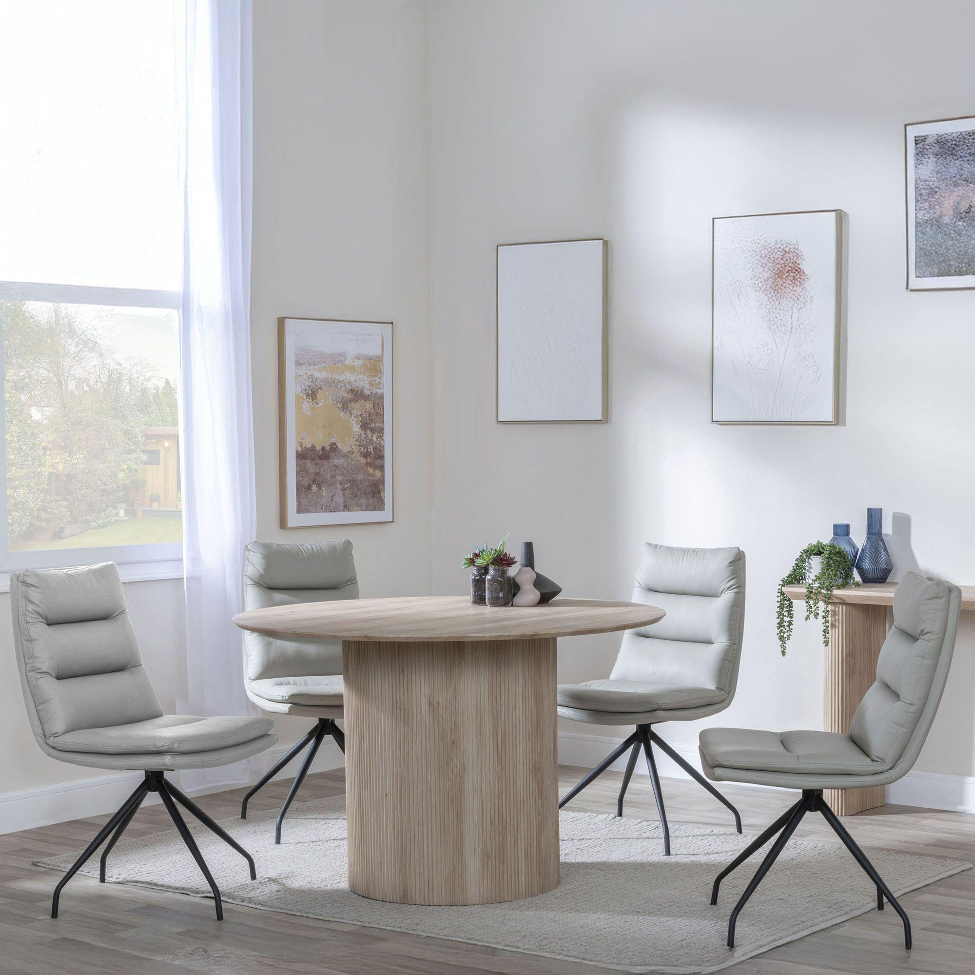 Bern Fluted Oak Effect 4 Seater Round Dining Set - 4 Diego Beige Leather Swivel Dining Chair