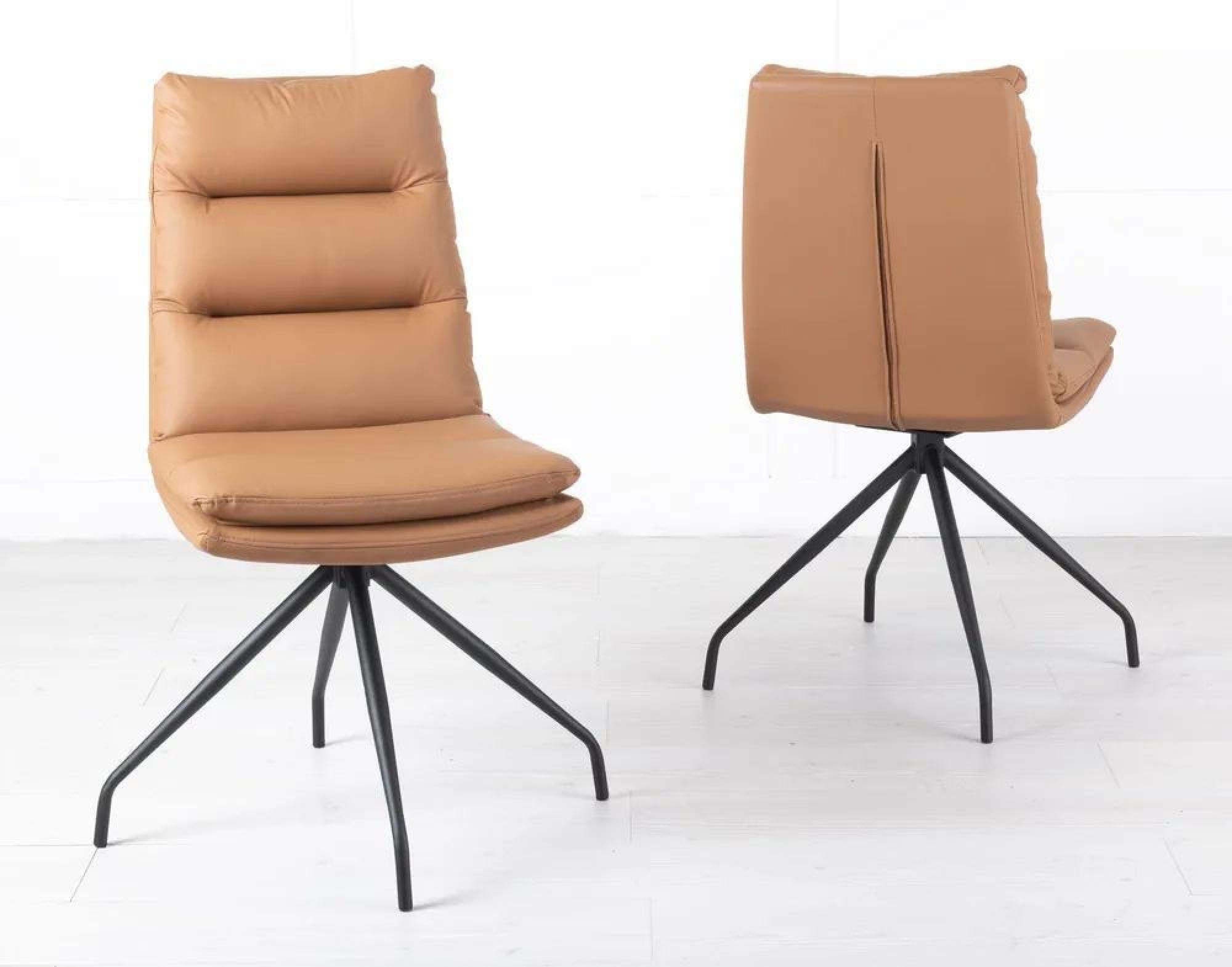 Bern Fluted Dining Set - 4 Seater - 120cm - Round - Oak - 4x Diego Swivel Dining Chairs - Brown Leather