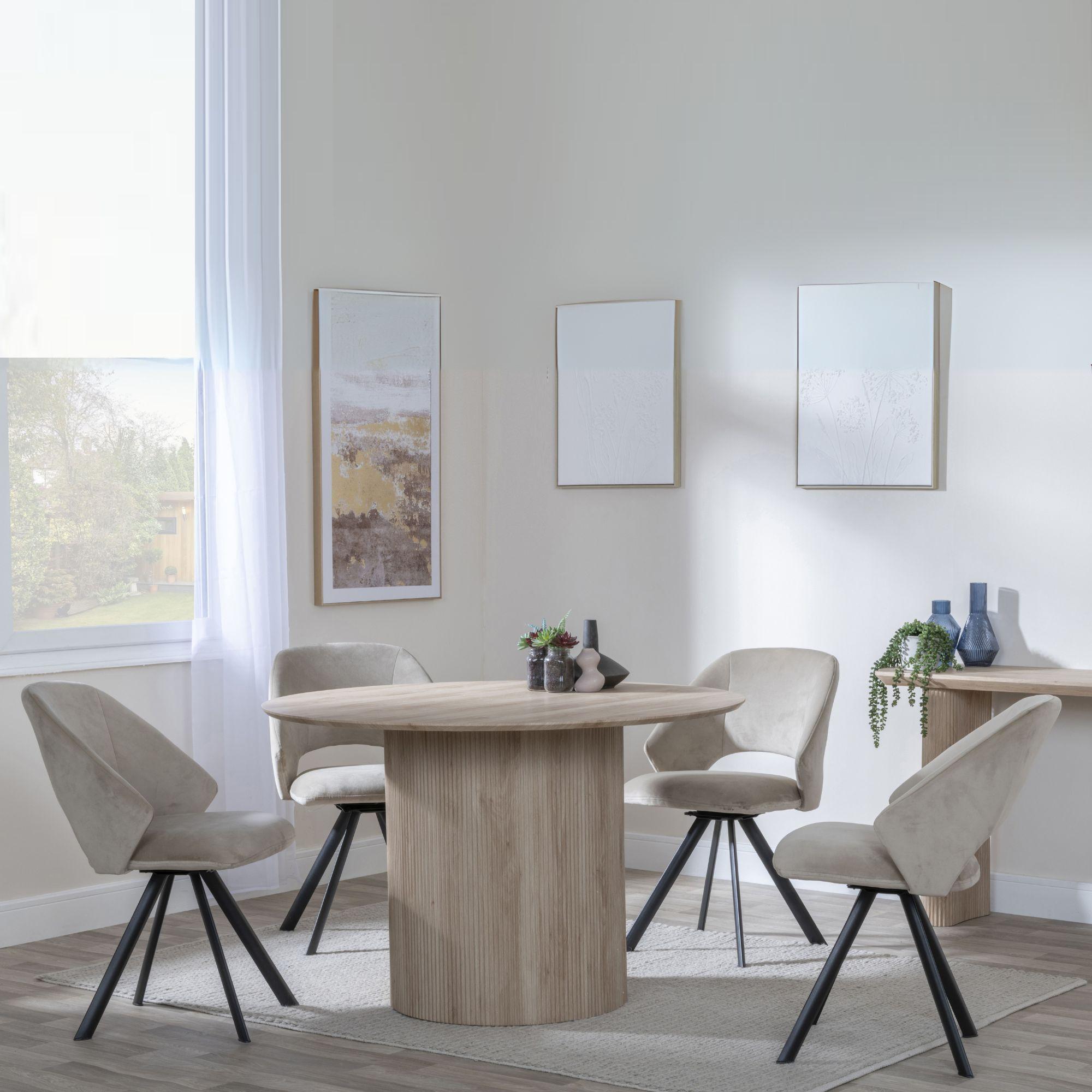 Bern Fluted Oak Effect 4 Seater Round Dining Set - 4 Ion Beige Velvet Fabric Swivel Dining Chair
