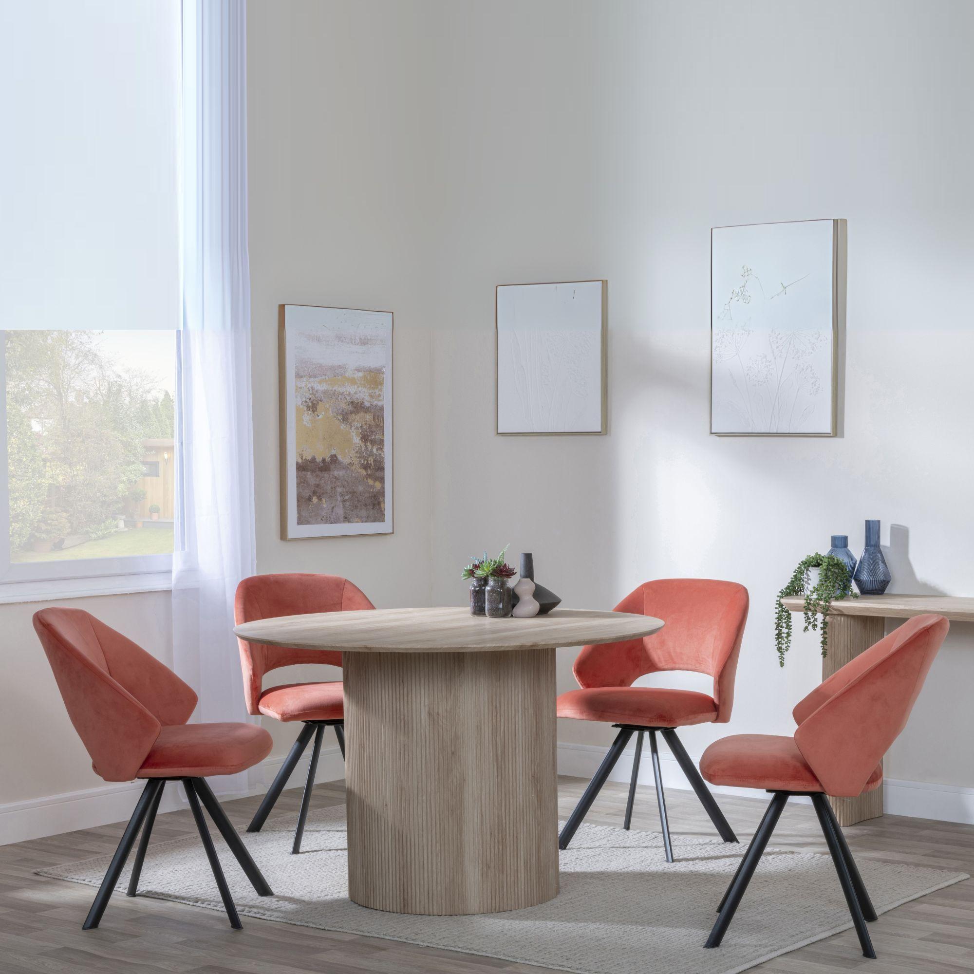 Bern Fluted Oak Effect 4 Seater Round Dining Set - 4 Ion Orange Velvet Fabric Swivel Dining Chair