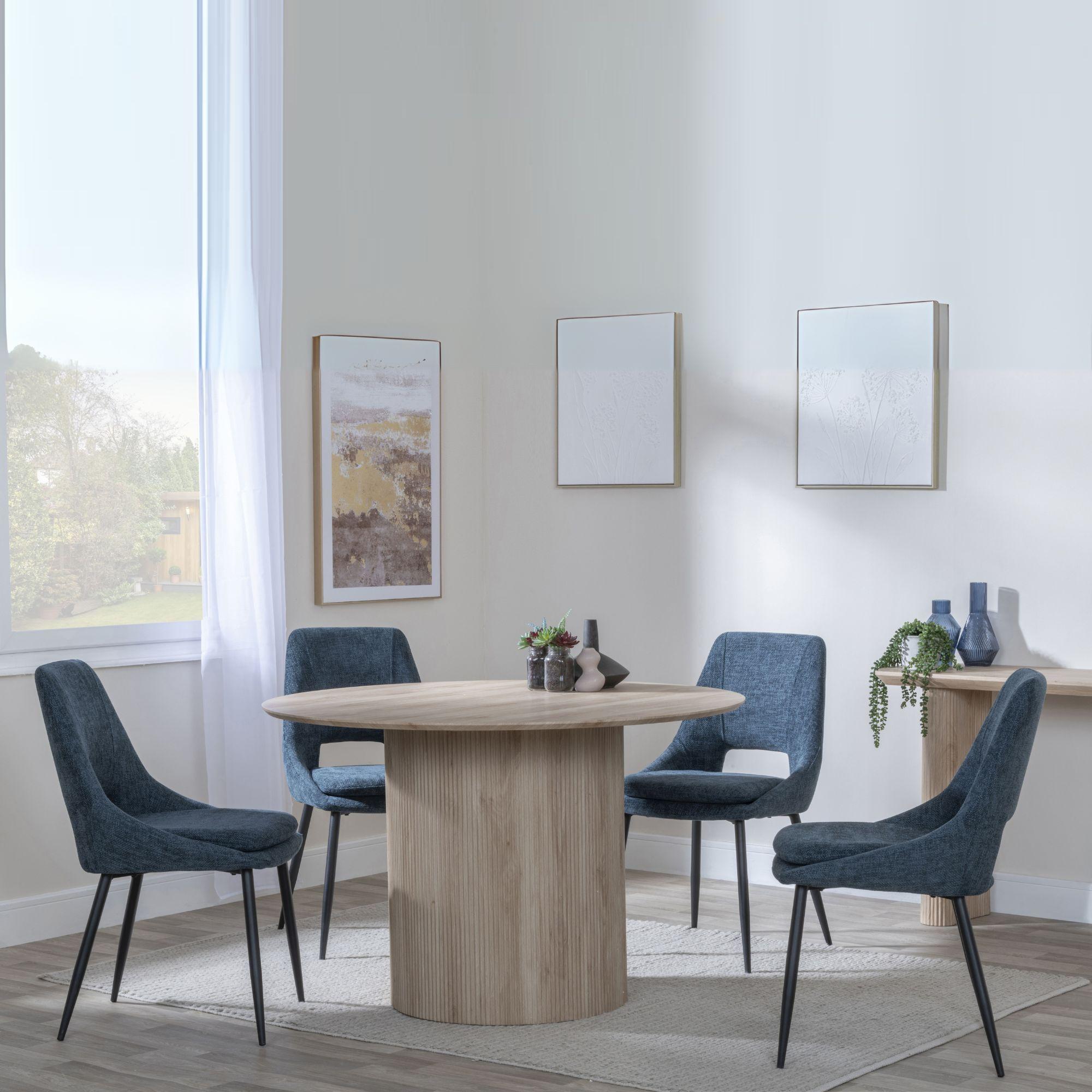 Bern Fluted Oak Effect 4 Seater Round Dining Set - 4 Peyton Blue Fabric Dining Chair