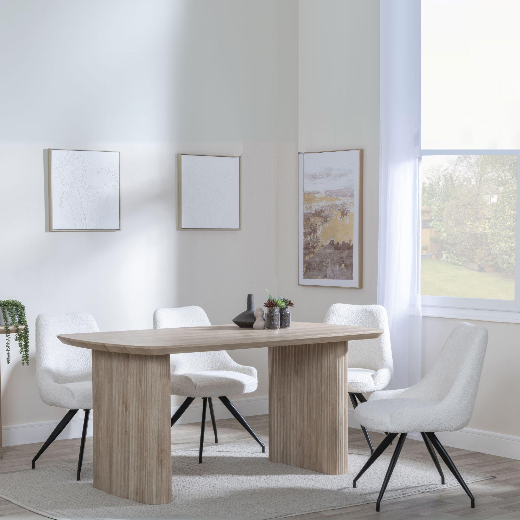 Bern Fluted Oak Effect Dining Set - Arctic Cream Velvet Fabric Swivel Dining Chair