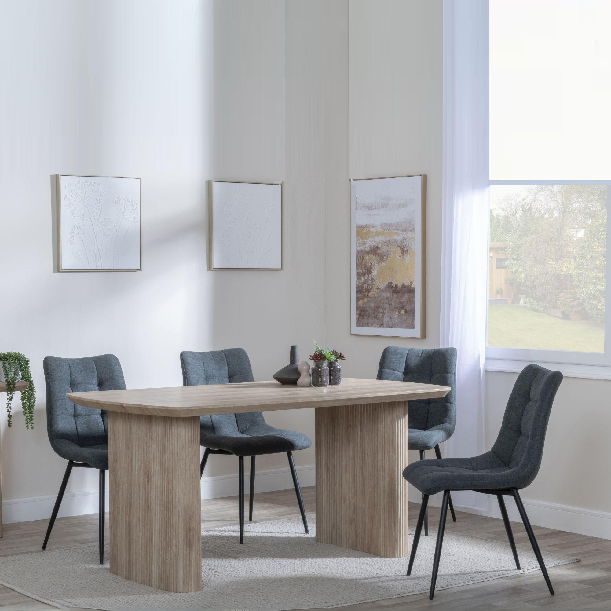 Bern Fluted Oak Effect Dining Set - Corona Light Grey Fabric Chairs