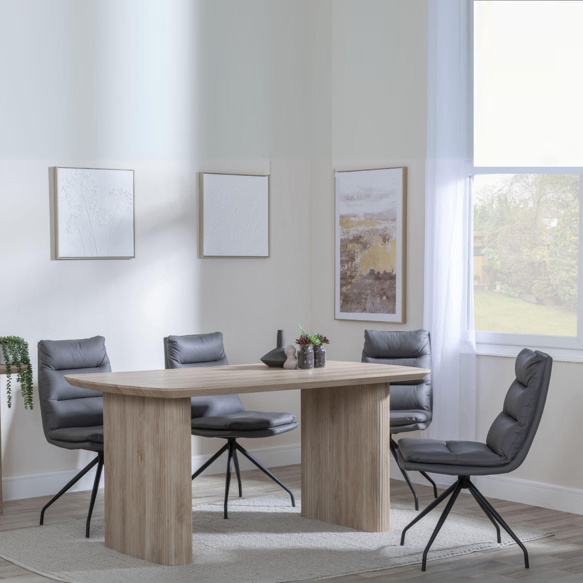 Bern Fluted Dining Set - 6 Seater - 160cm - Oak - Diego Swivel Dining Chairs - Grey Leather