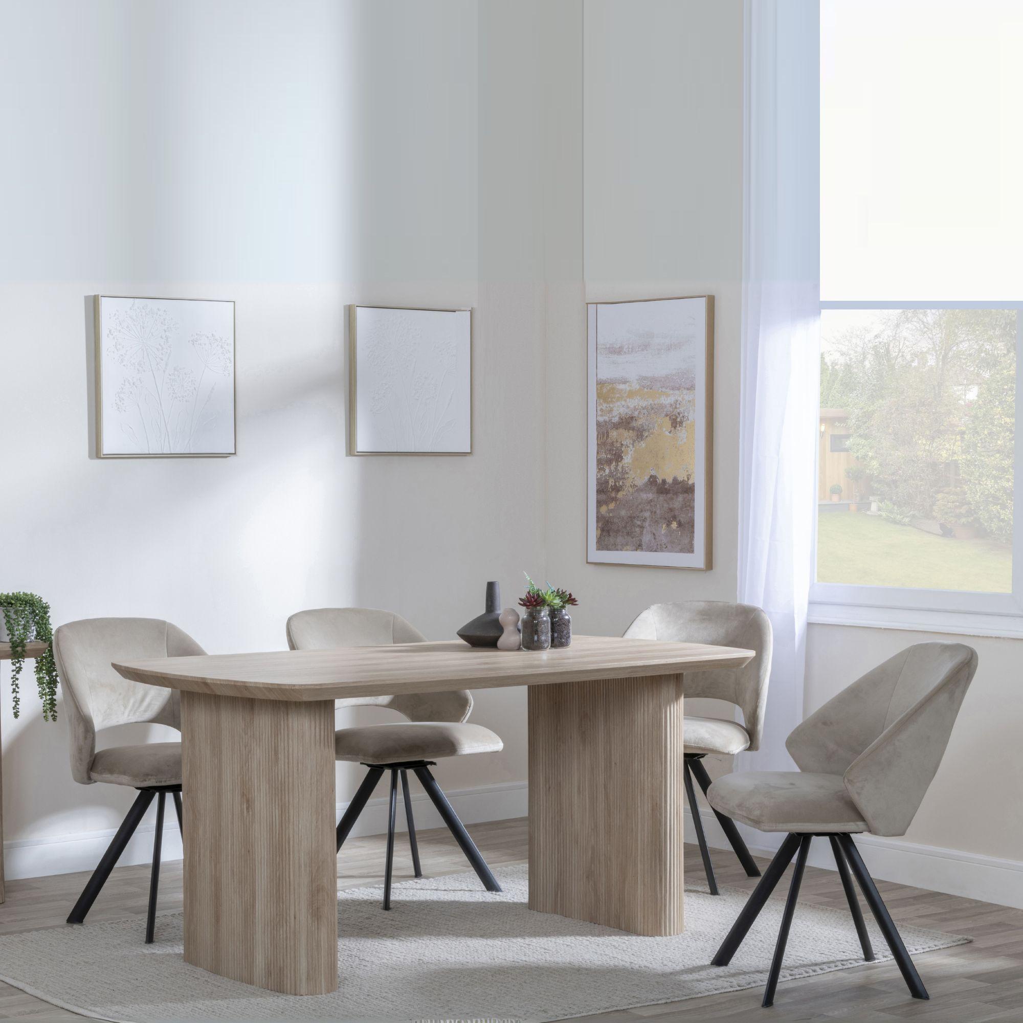 Bern Fluted Dining Set - 6 Seater - 160cm - Oak - Ion Swivel Dining Chairs - Beige Velvet Fabric