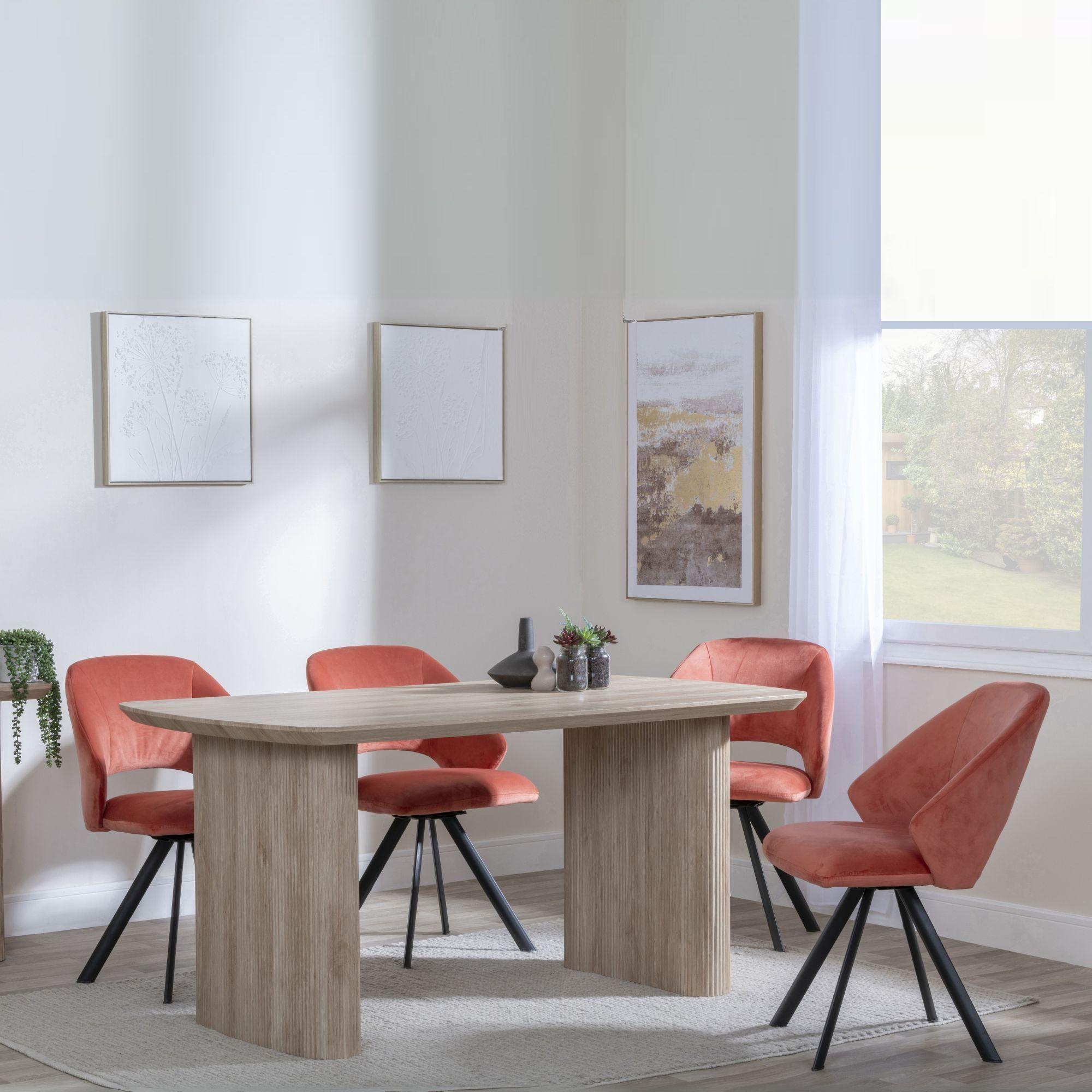Bern Fluted Dining Set - 6 Seater - 160cm - Oak - Ion Swivel Dining Chairs - Orange Velvet Fabric