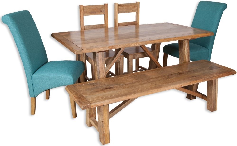 Bombay Solid Mango Wood 6 Seater Dining Set with 2 Wooden and 2 Fabric Chairs and Bench