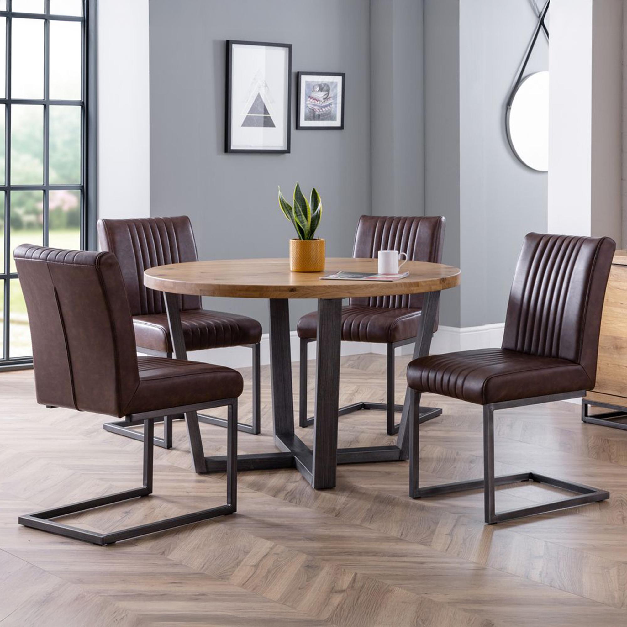 Brooklyn Dining Set - 4 Seater - 120cm - Round - 4 Brown Leather Chairs - Oak