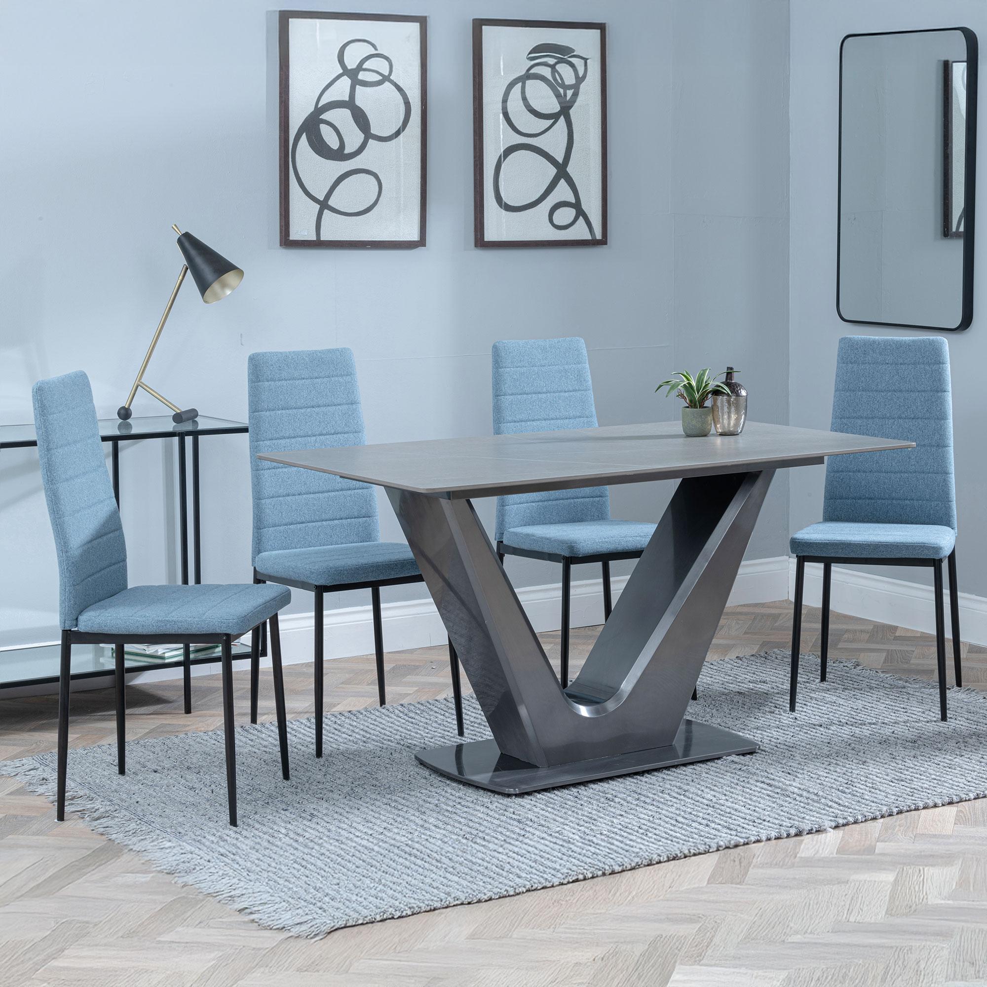 Camilla Grey Ceramic 4 Seater Dining Set - 4 Lido Blue Fabric Dining Chair with Black Legs