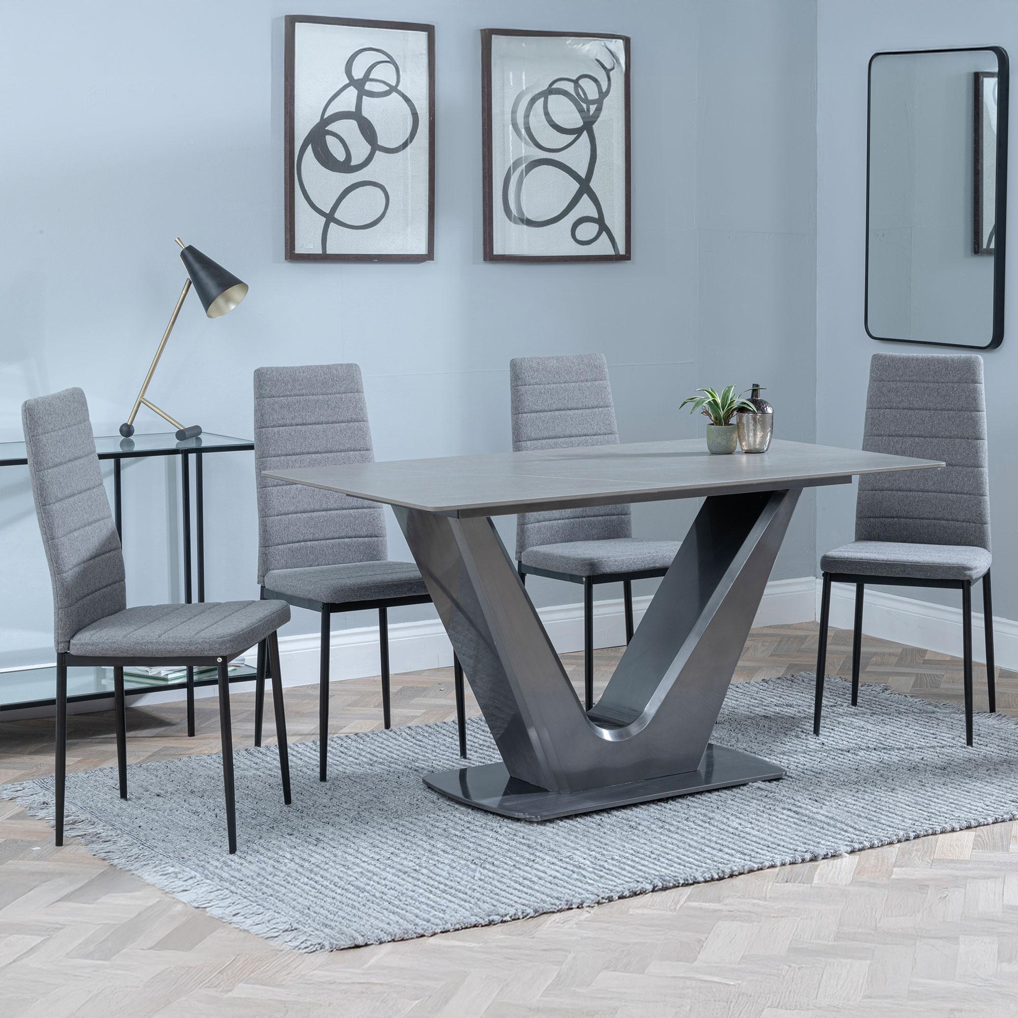 Camilla Grey Ceramic 4 Seater Dining Set - 4 Lido Dark Grey Fabric Dining Chair with Black Legs