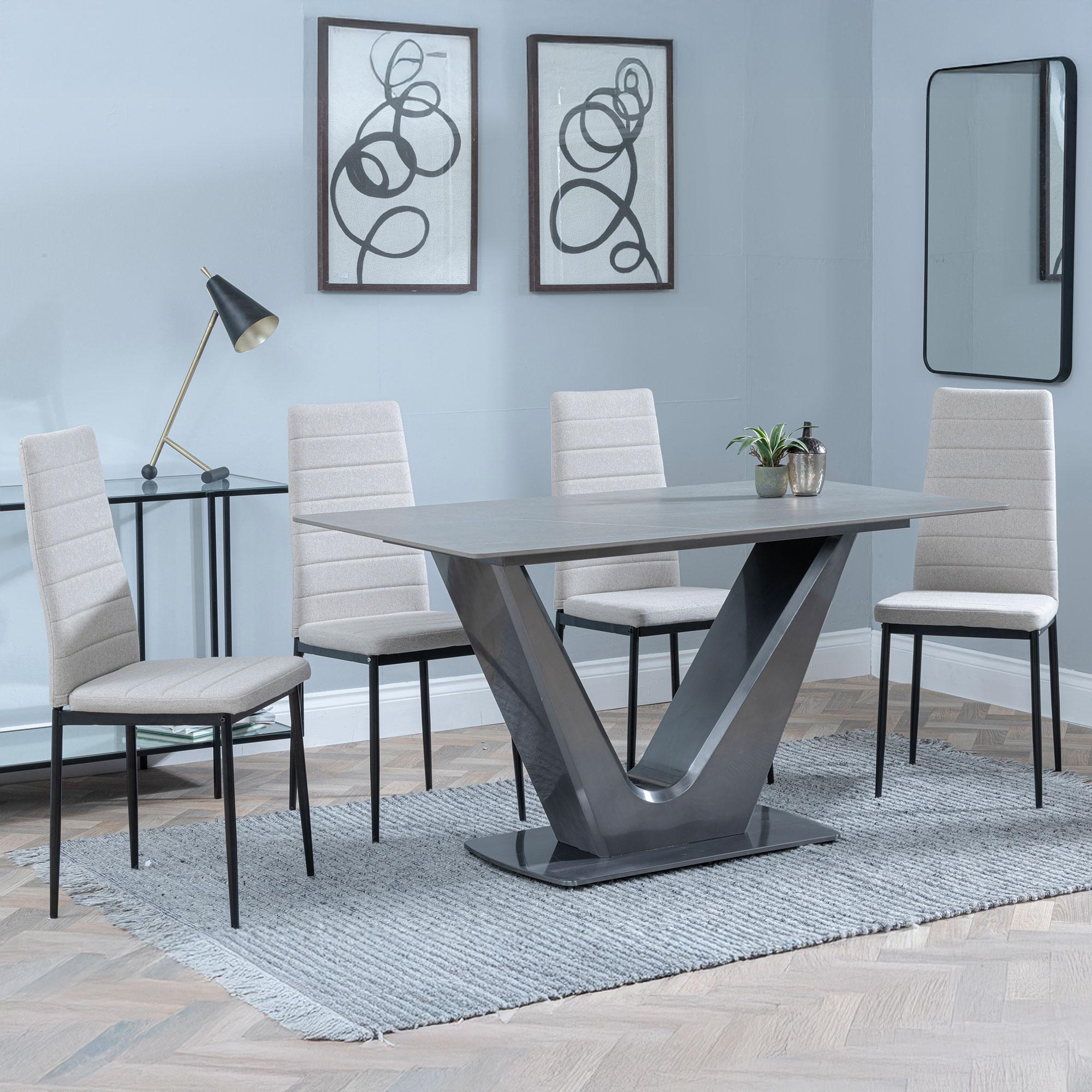 Camilla Grey Ceramic 4 Seater Dining Set - 4 Lido Sand Fabric Dining Chair with Black Legs