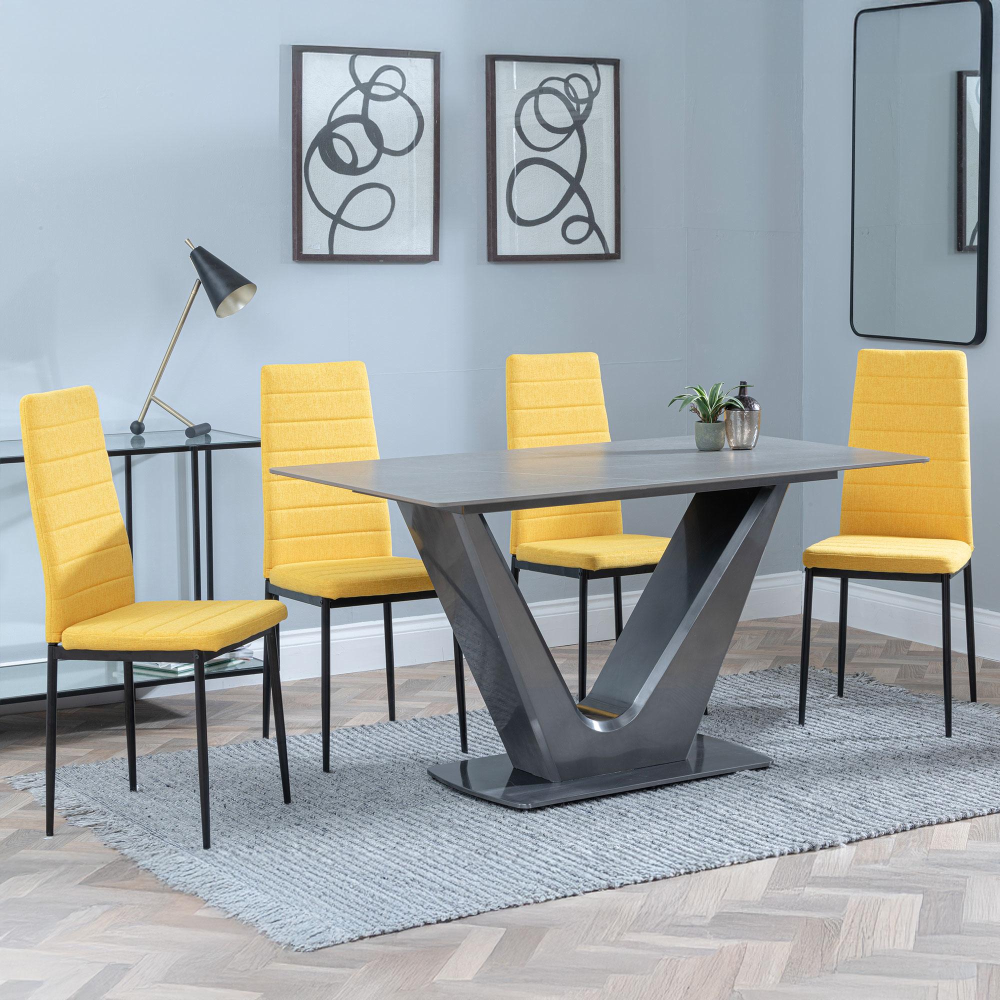 Camilla Grey Ceramic 4 Seater Dining Set - 4 Lido Yellow Fabric Dining Chair with Black Legs
