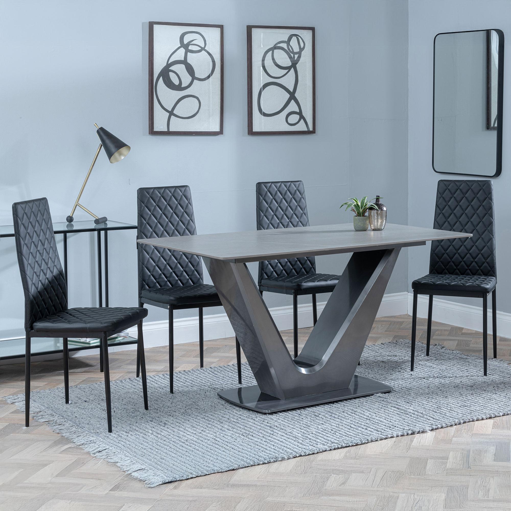 Camilla Grey Ceramic 4 Seater Dining Set - 4 Metro Black Leather Dining Chair with Black Legs