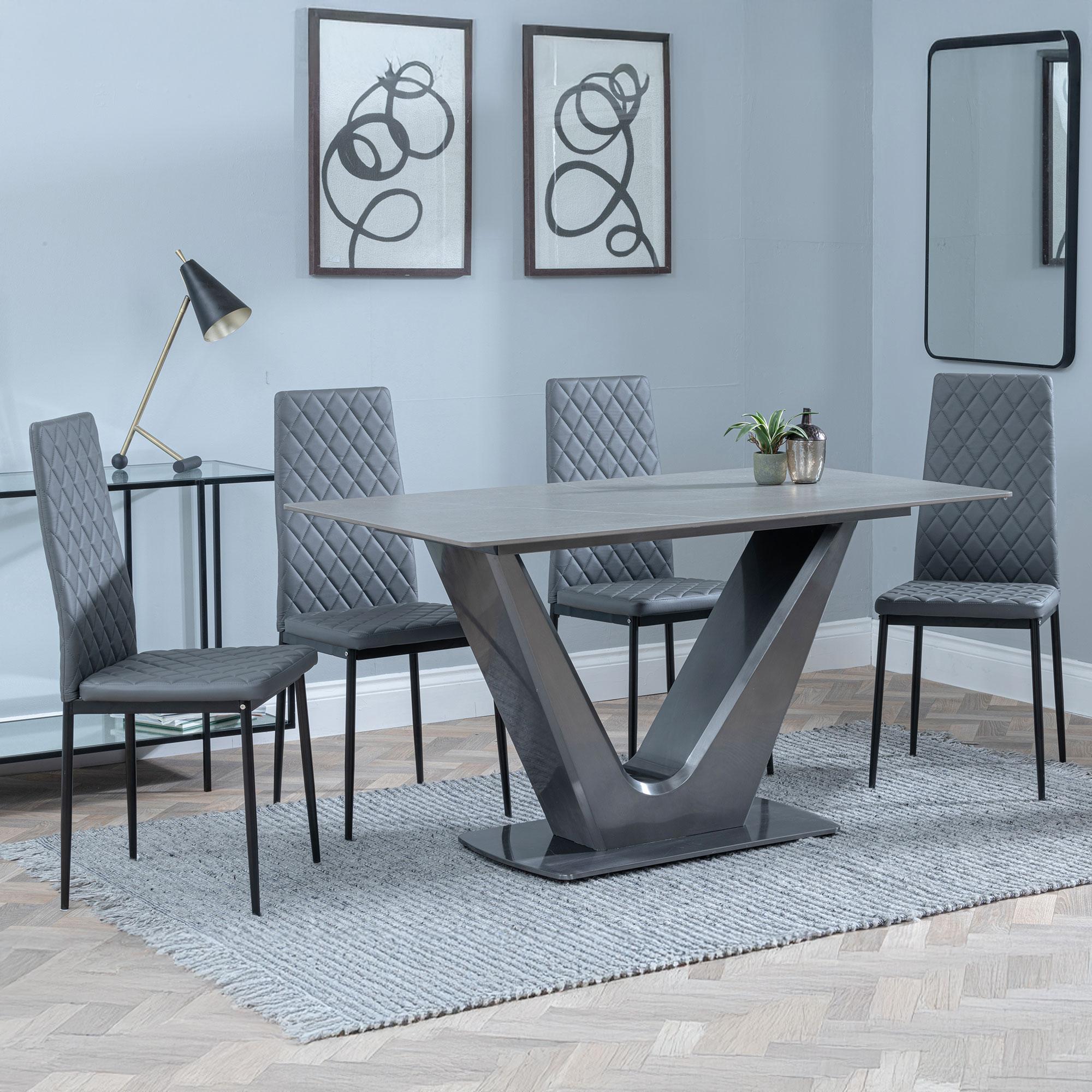 Camilla Grey Ceramic 4 Seater Dining Set - 4 Metro Grey Leather Dining Chair with Black Legs